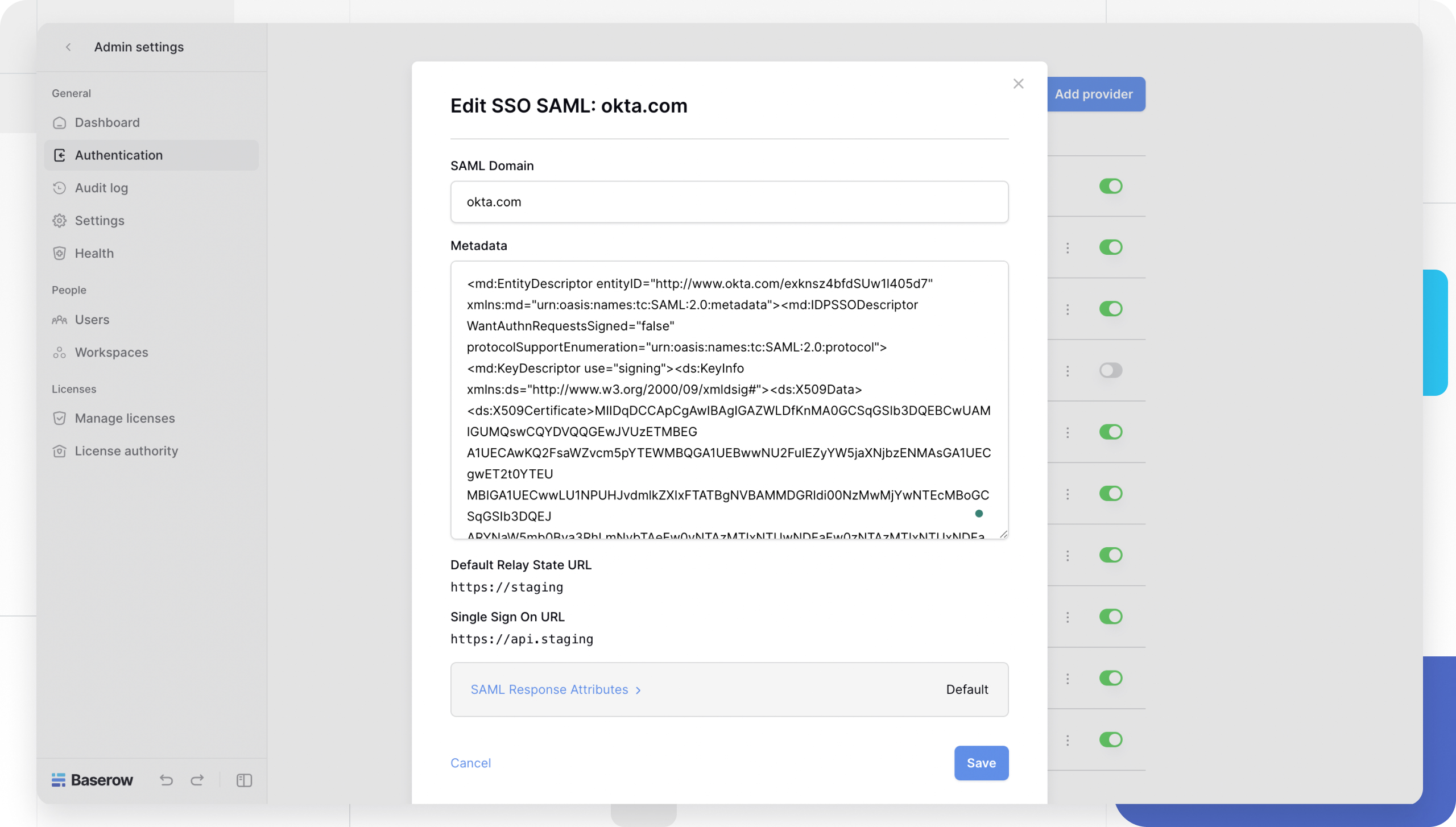 Edit SSO SAML: okta.com in Baserow