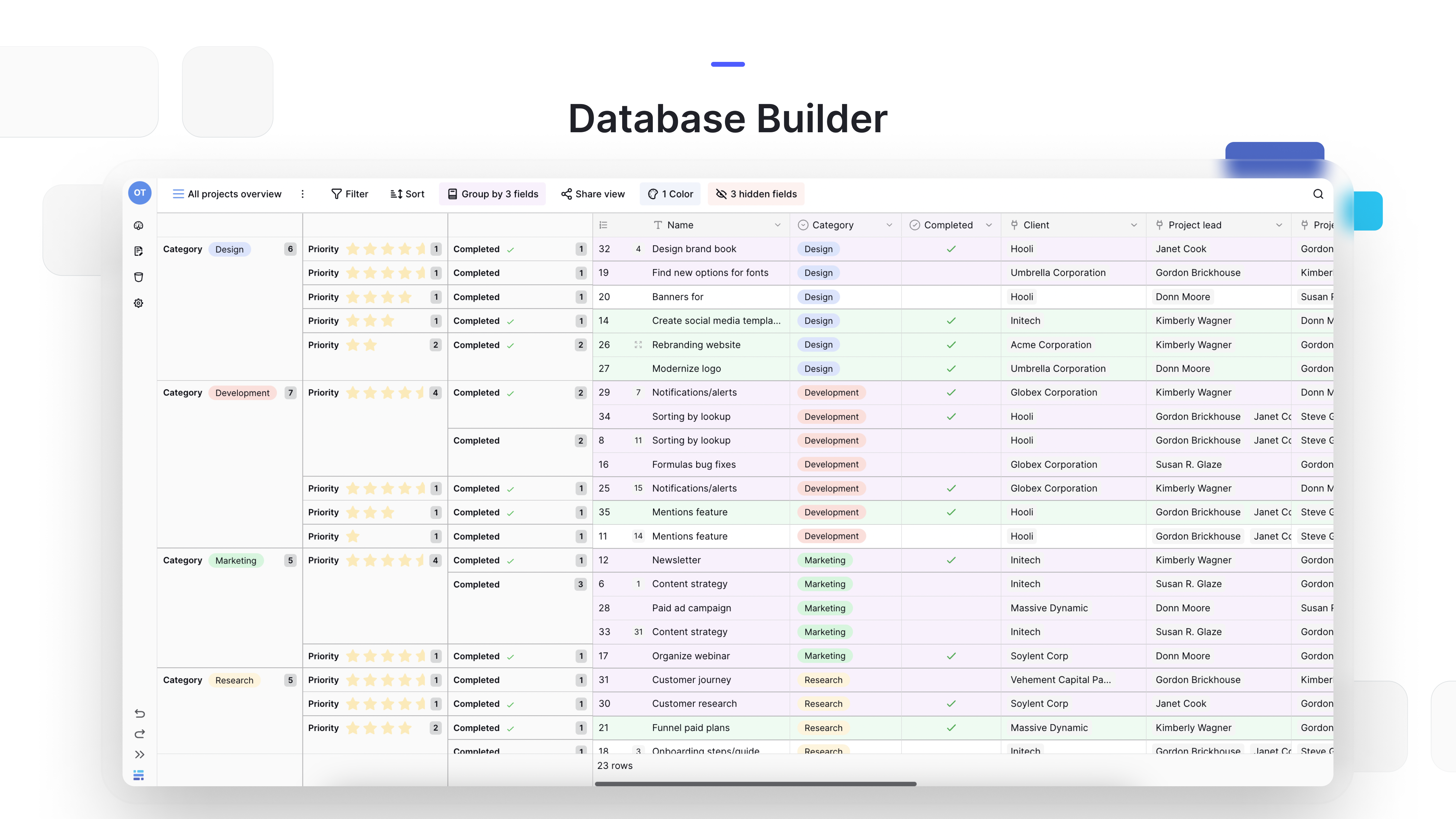 Baserow database builder interface displaying a project management table with categorized tasks, priorities, filters, grouped views, and collaboration features in a no-code database platform.