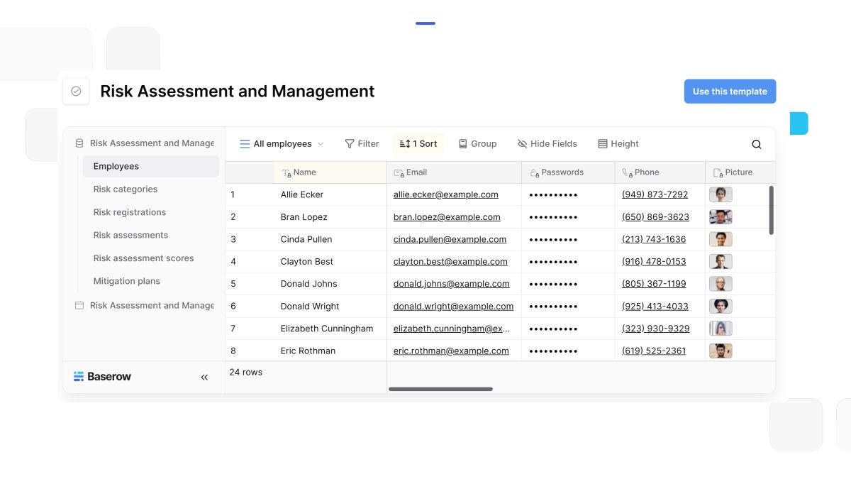 Download risk assessment template by Baserow