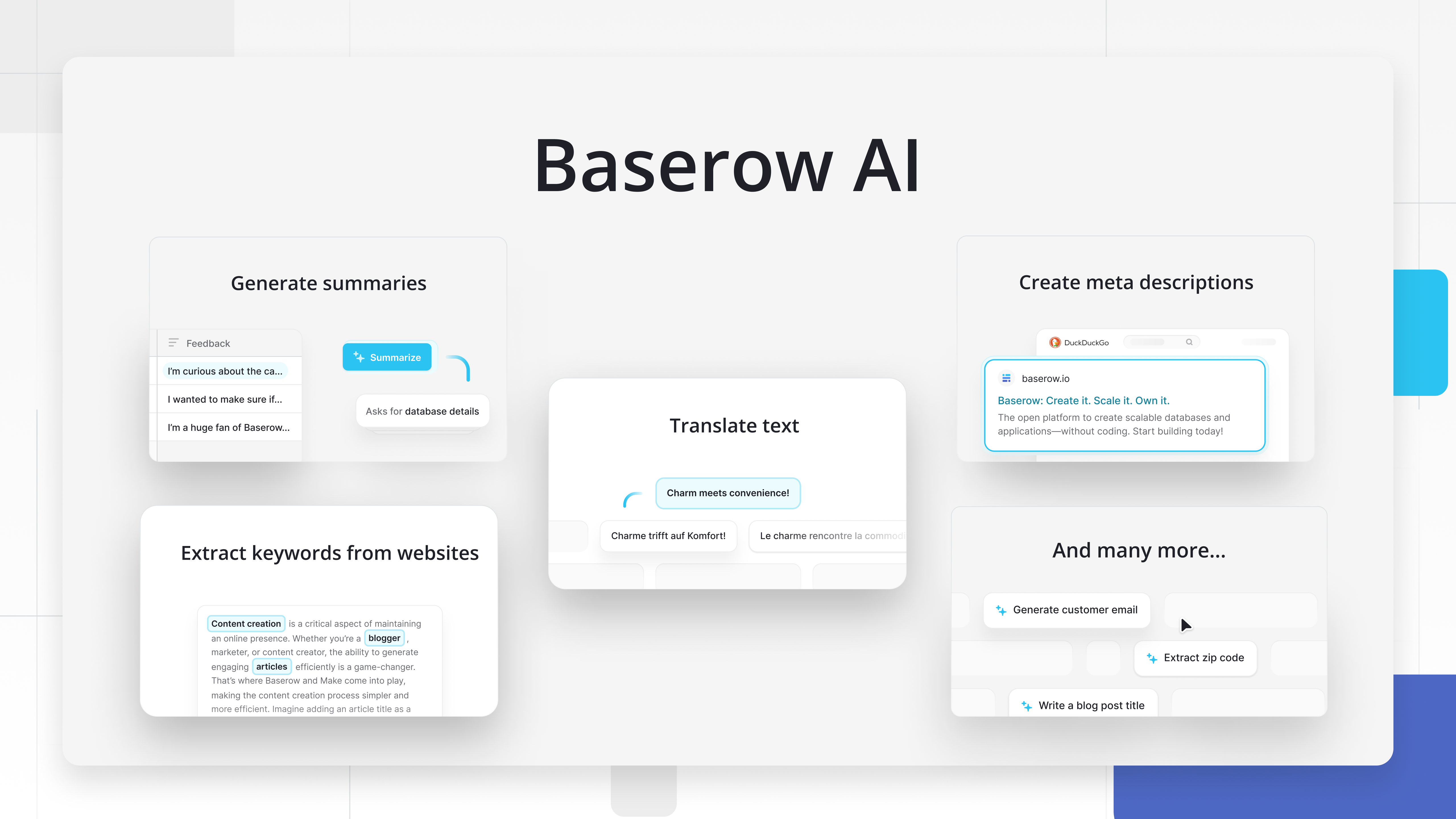 Baserow AI tools for generating summaries, extracting keywords, translating text, and creating SEO meta descriptions within operational workflows