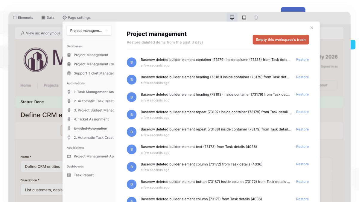 Undo, redo, and restore deleted elements in Application Builder