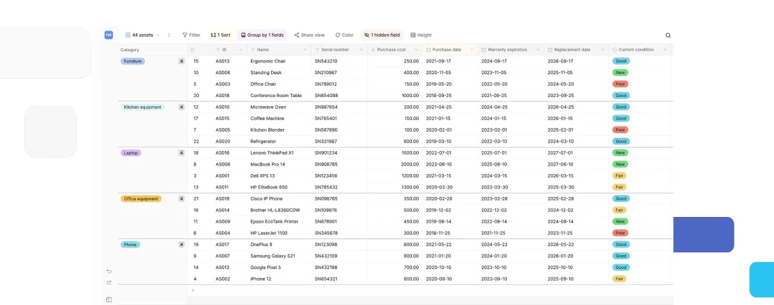 Screenshot of Baserow’s asset management software showing a categorized table of assets including ID, name, serial number, purchase dates, warranty expiration, and current condition tags