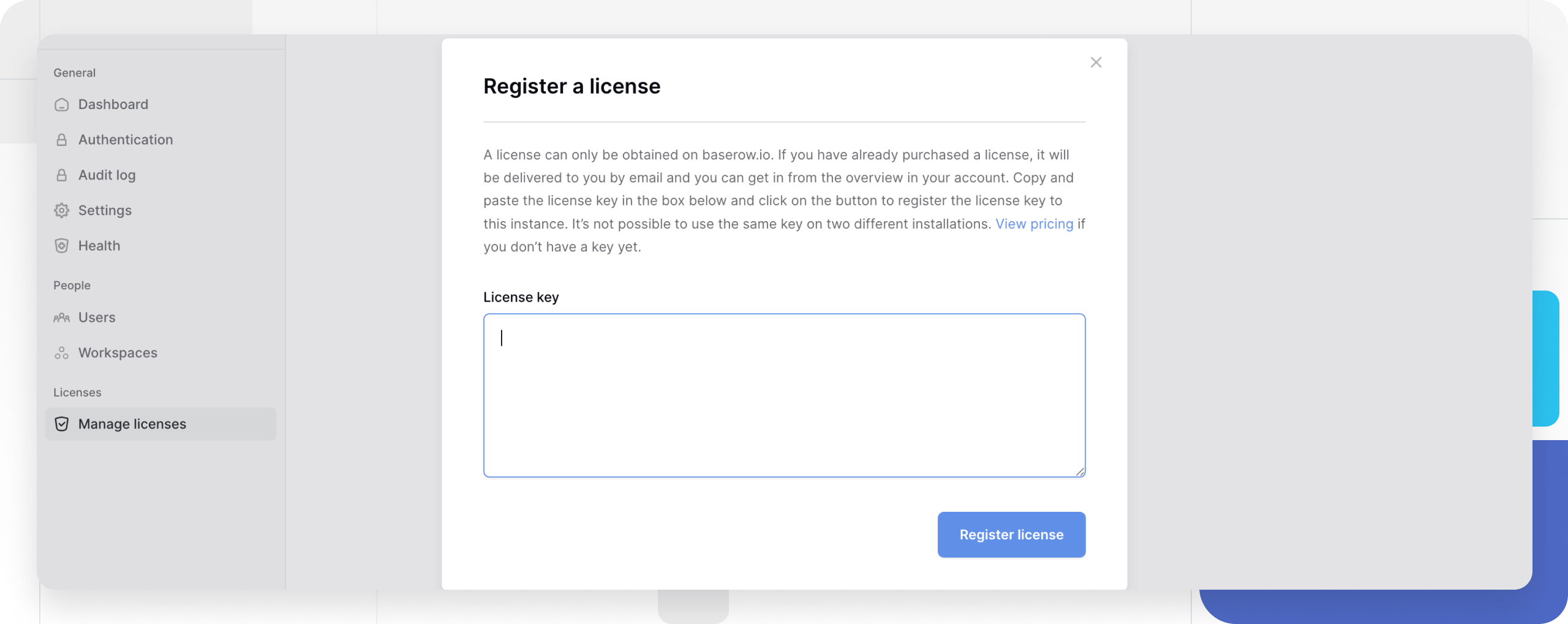 License registration interface