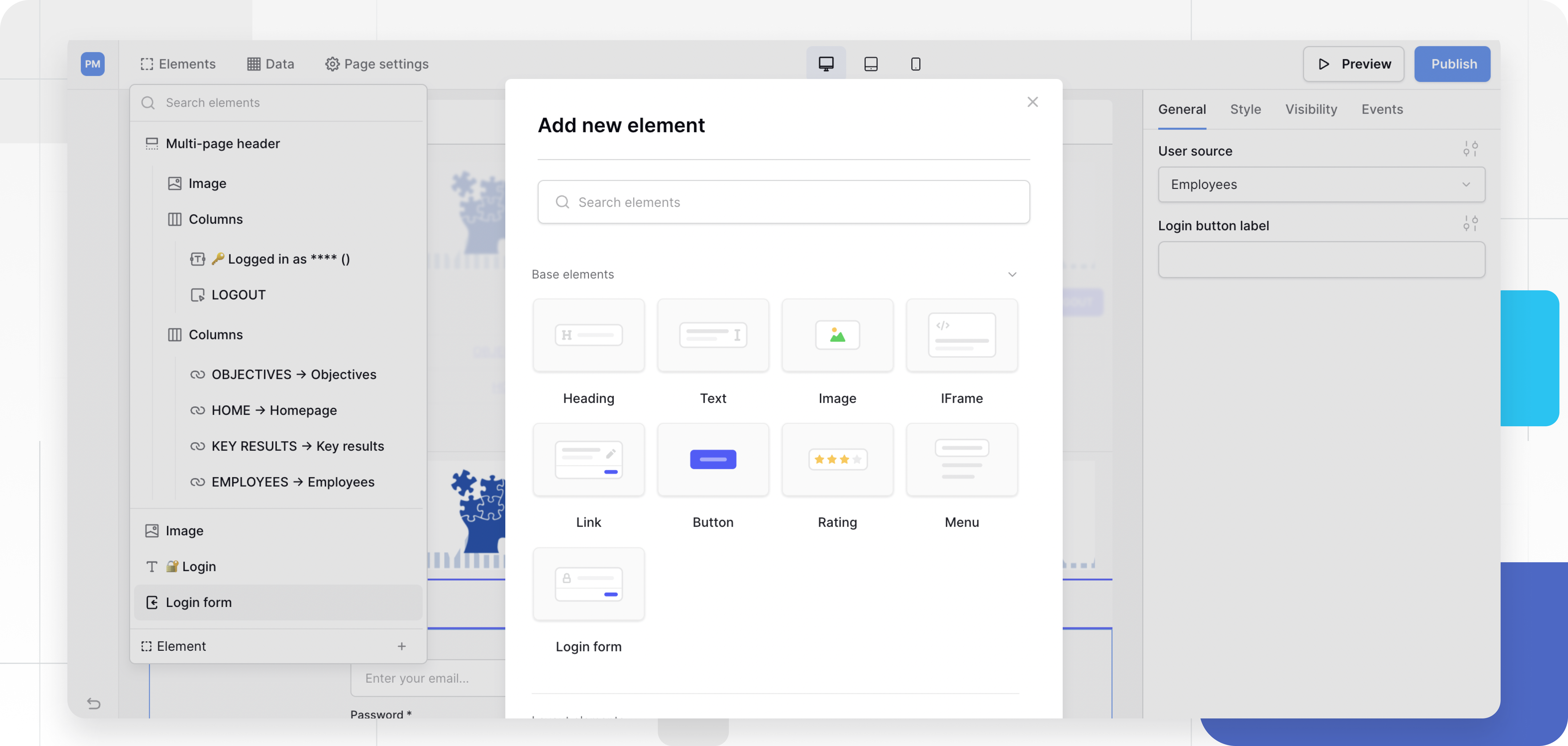 List of application builder elements
