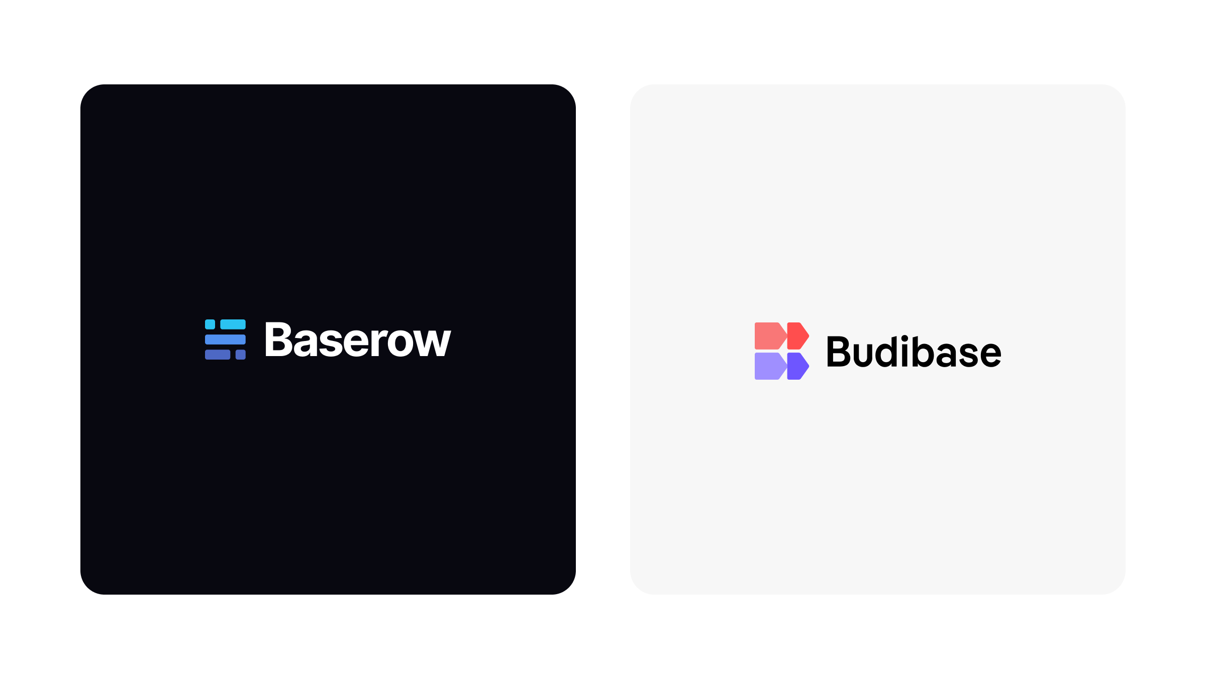 A side-by-side comparison displaying the Baserow logo on a dark background on the left, and the Budibase logo on a light background on the right, representing a visual comparison between the two platforms.