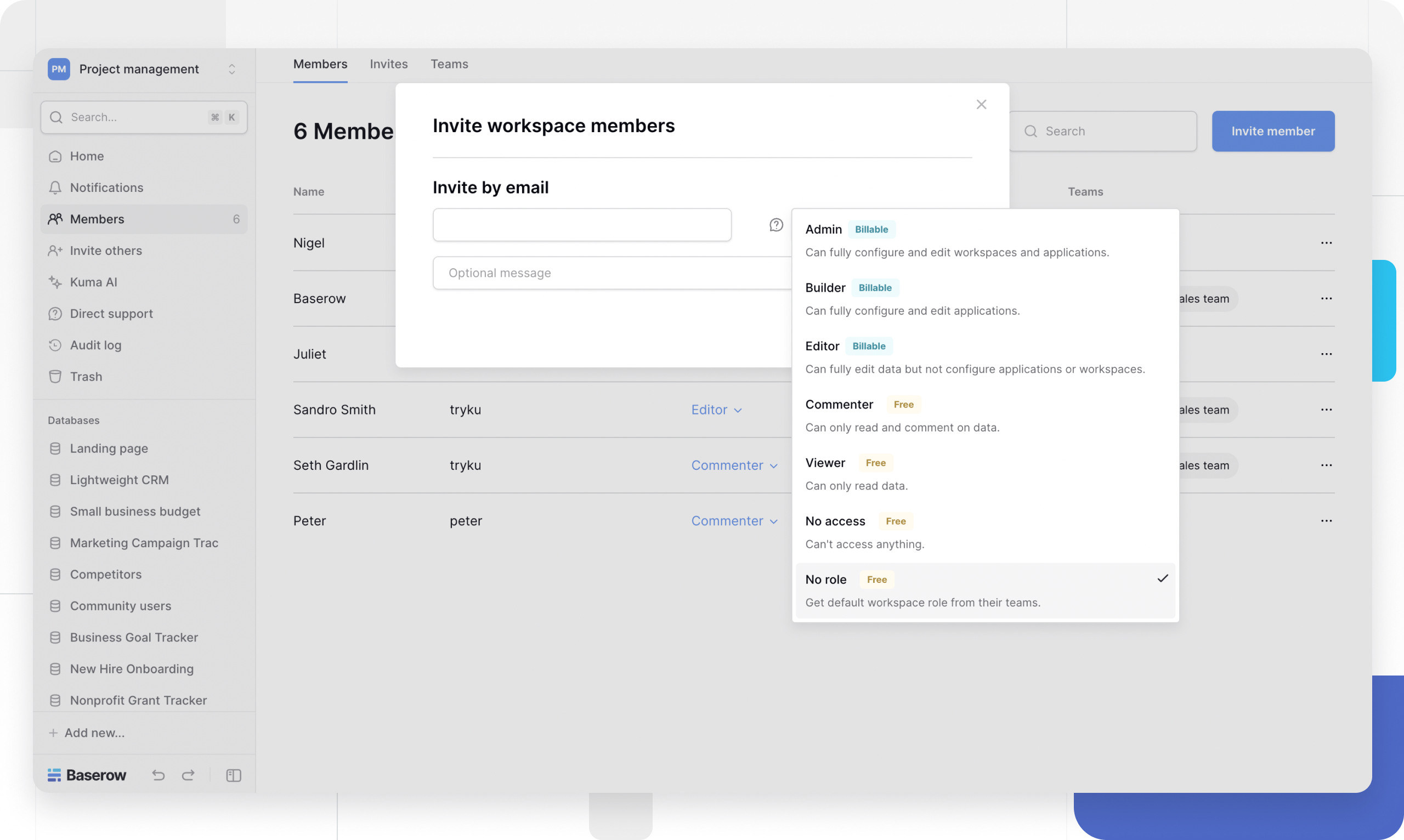 Inviting a member to workspace