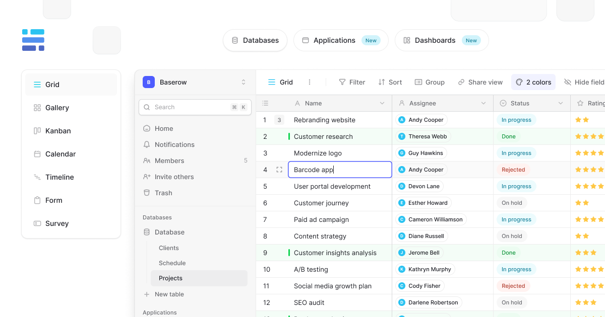 Dashboard interface of Baserow showing a structured online database with a grid view of project tasks, including columns for name, assignee, status, and ratings, along with sidebar options like gallery, kanban, calendar, and form views.