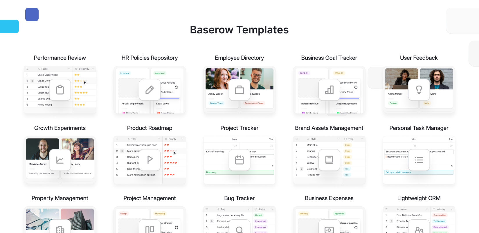Baserow templates gallery showing pre-built solutions such as performance review, HR policies repository, employee directory, business goal tracker, user feedback, project tracker, product roadmap, brand assets management, bug tracker, property management, business expenses, lightweight CRM, and more.