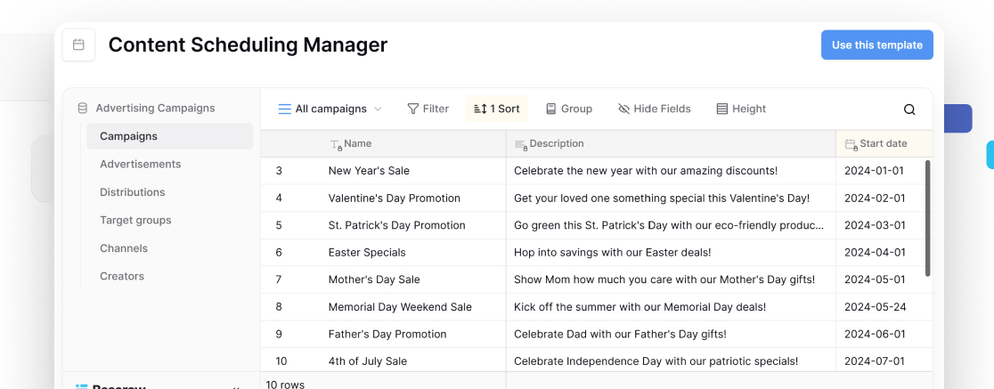 Content Scheduling Manager dashboard showing a table of marketing campaigns with columns for name, description, and start date, along with sidebar navigation for campaigns, advertisements, distributions, target groups, channels, and creators.