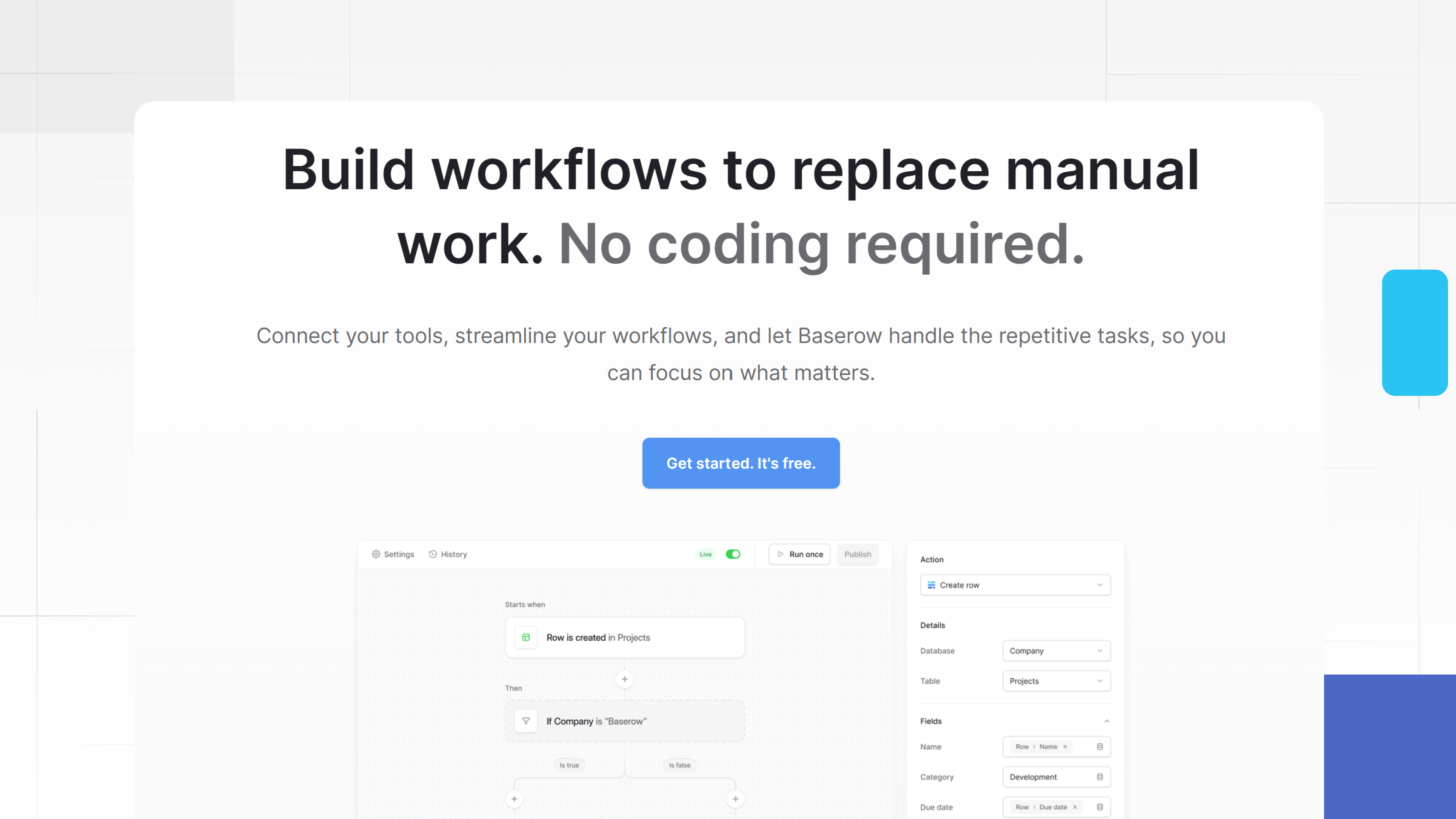 Business Process Automation workflow builder in Baserow showing a no-code interface for automating repetitive tasks, connecting tools, and streamlining workflows without coding.