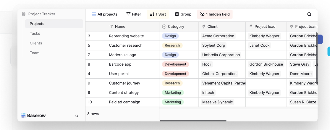 Screenshot of Baserow project tracker template displaying project categories, clients, project leads, and team members for managing tasks and progress.