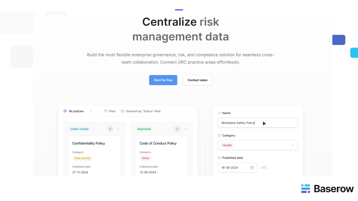 Screenshot of Baserow’s interface for centralizing risk management data, displaying policy cards and a data entry form, emphasizing easy policy tracking and flexible governance workflows