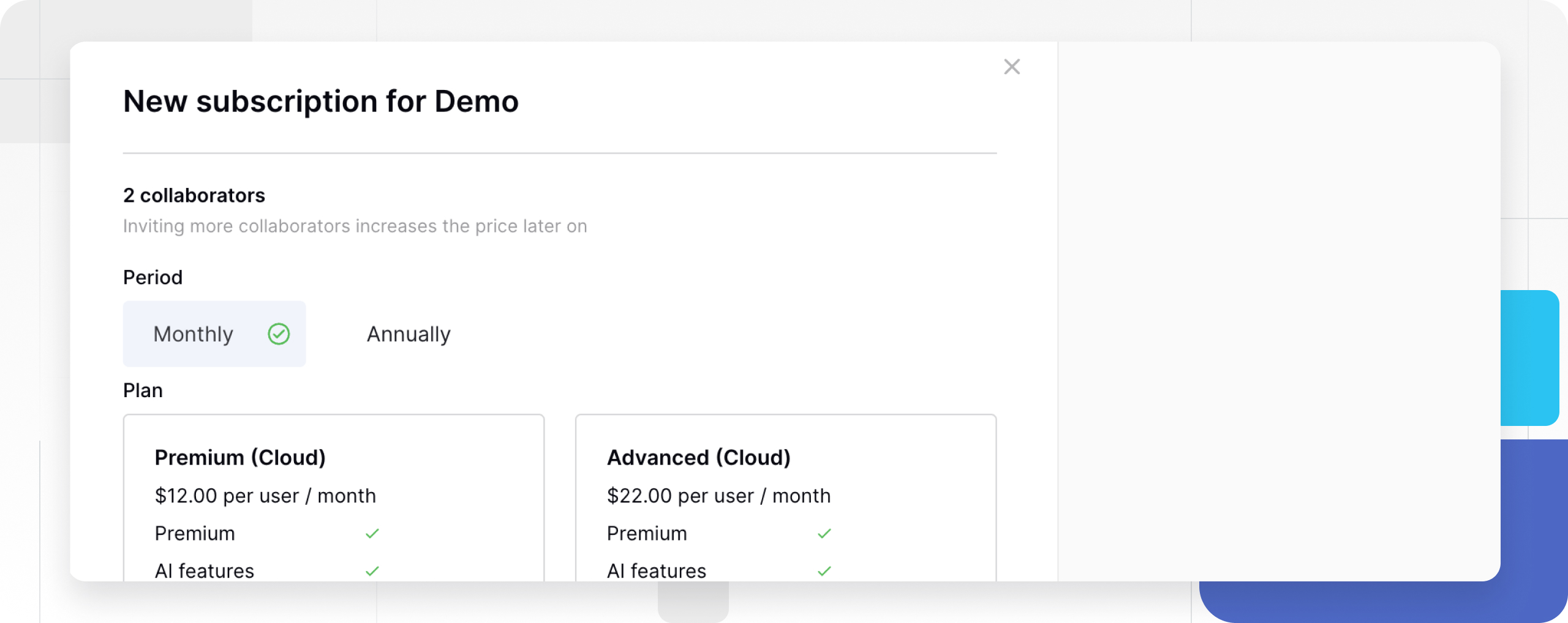 Workspace and plan selection screen