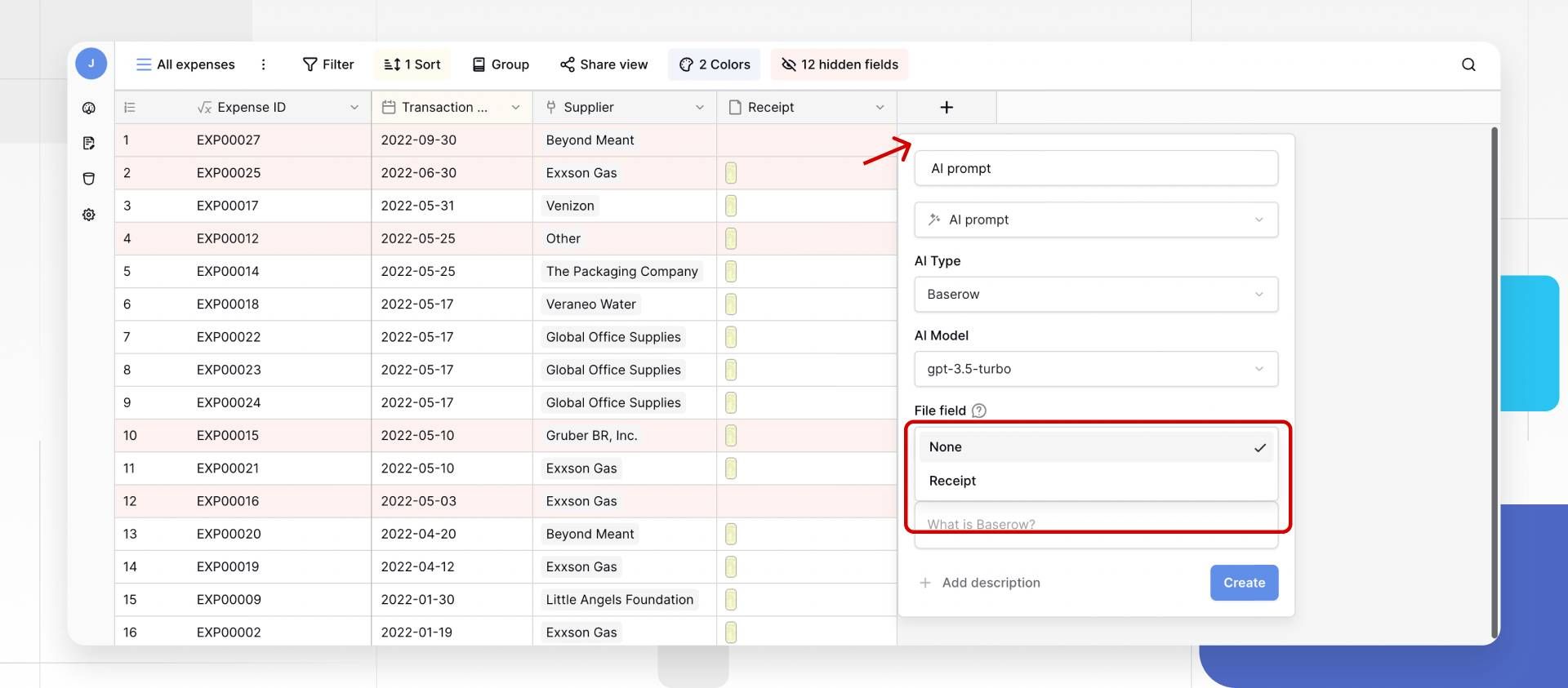 Select the AI type and model  in Baserow