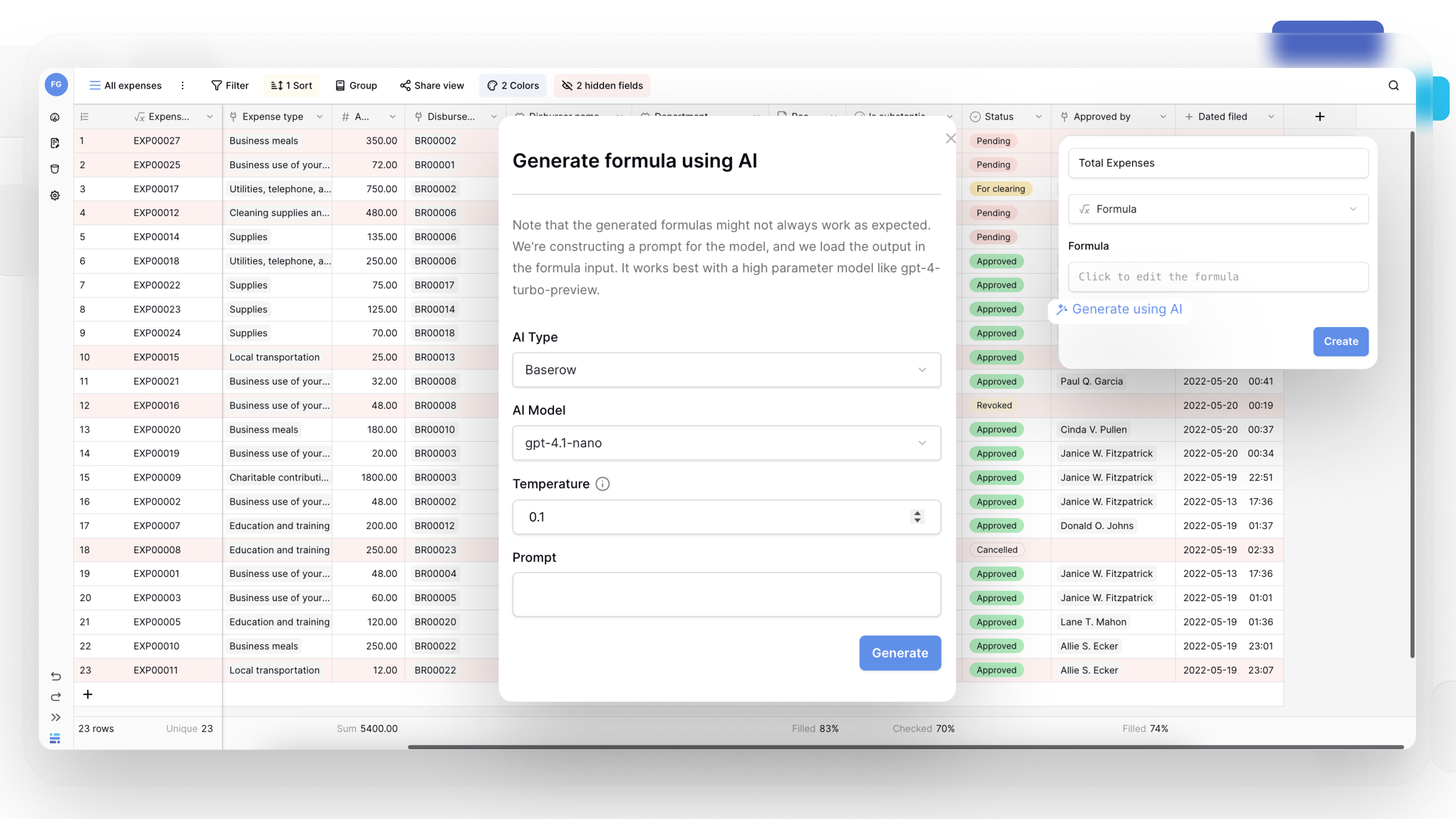 Generate Excel Formulas with AI in Baserow