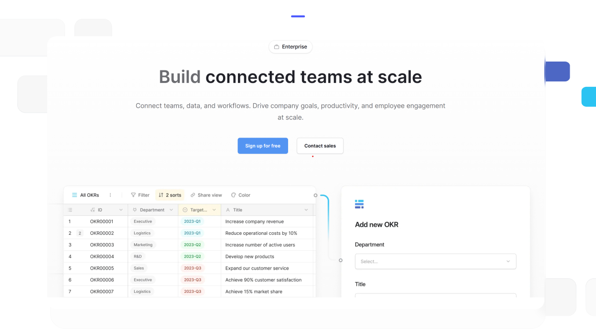 Baserow enterprise interface showing connected teams at scale, with a shared OKR dashboard, team data table, and form view used to manage goals and workflows across departments