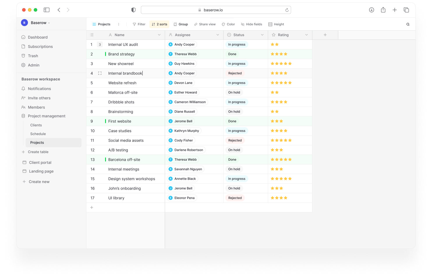 A Baserow project management table showing tasks, assignees, statuses, and star ratings in a clean spreadsheet-style interface within the Baserow workspace.