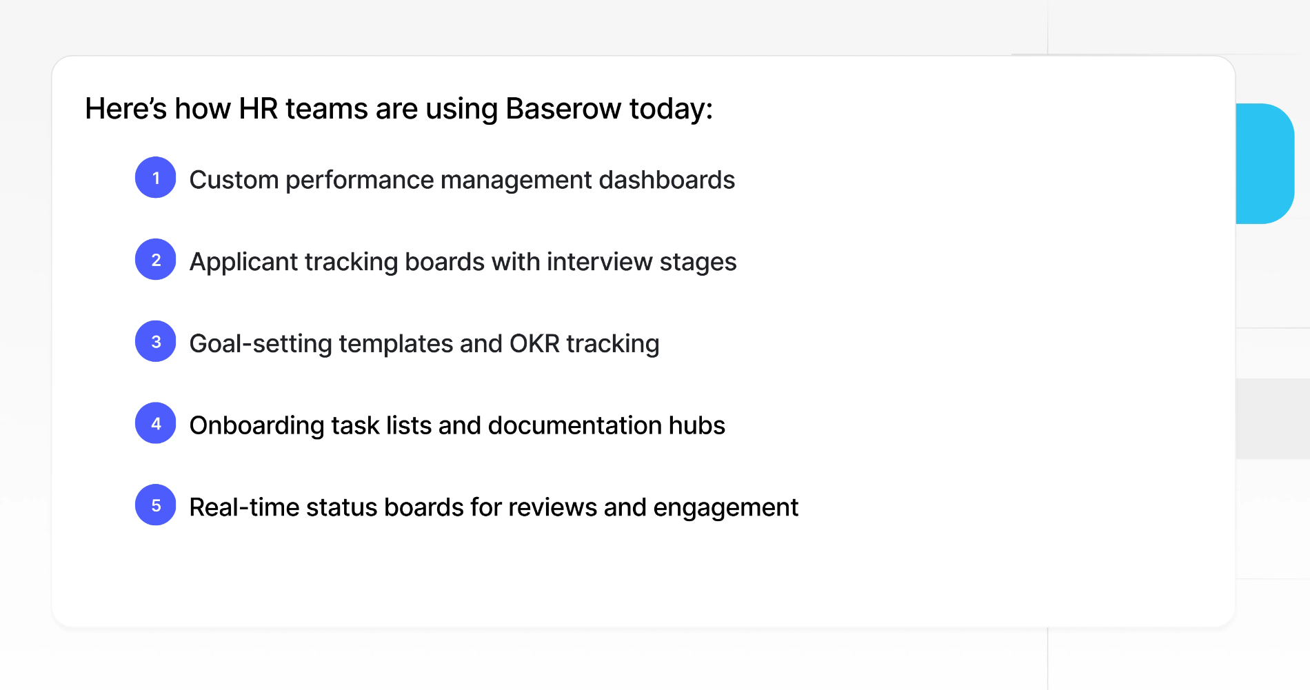 Use cases of Baserow for HR teams including performance dashboards, applicant tracking, goal templates, onboarding task lists, and real-time status boards.