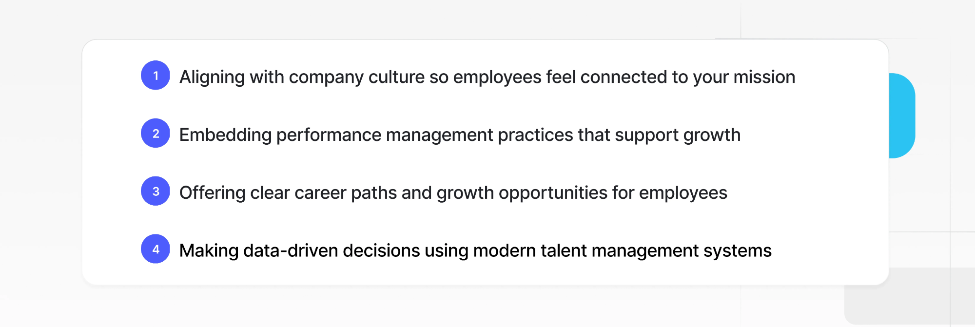 Four key aspects of defining a talent management strategy, including aligning with company culture, embedding performance management, offering career paths, and using data-driven systems.