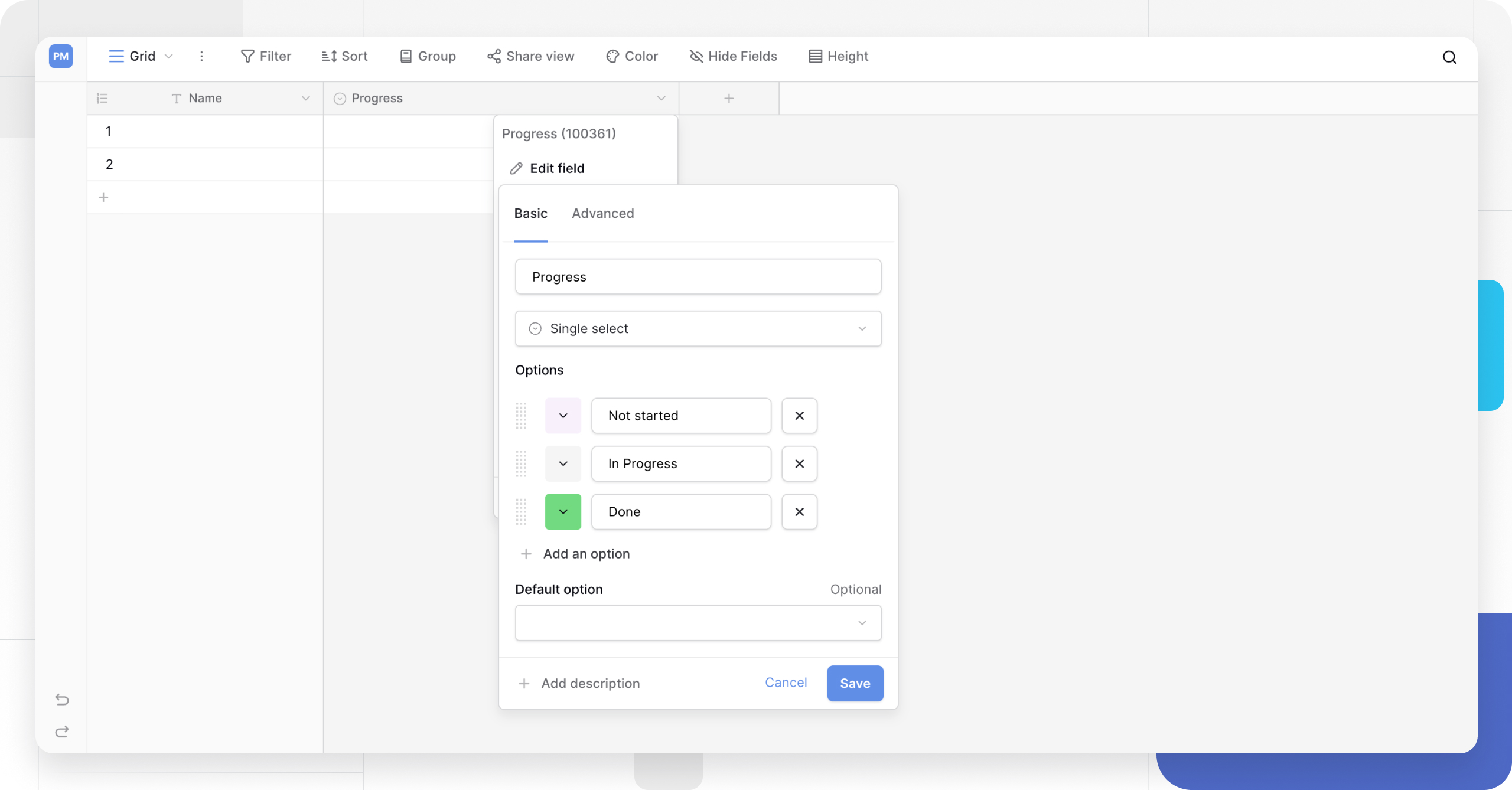 Adding a new Single select field in Baserow