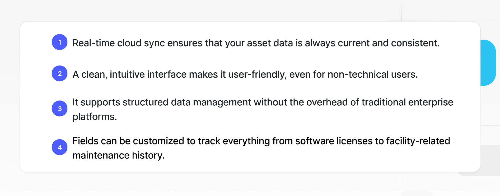 Four reasons Baserow stands out as an asset management solution: cloud sync for real-time asset data, user-friendly interface, no-code structured data setup, and customizable fields for tracking software licenses and maintenance history