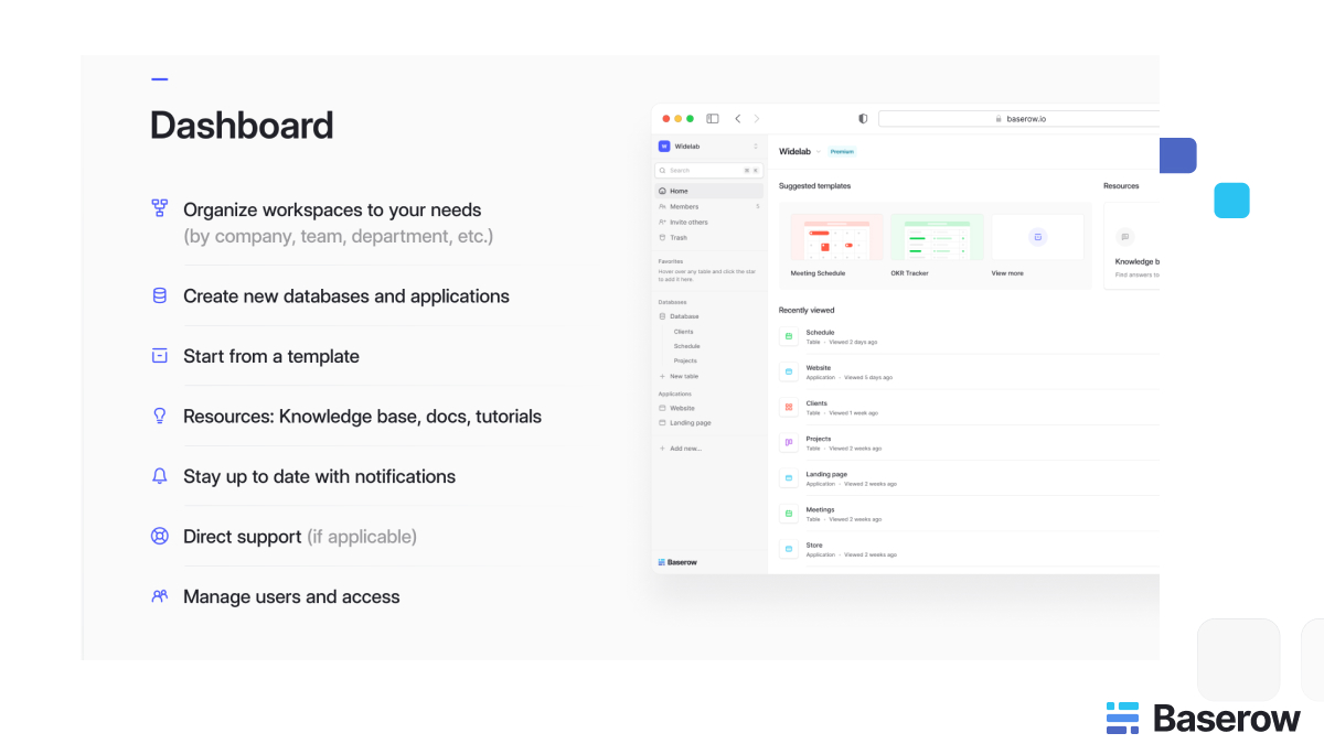 Baserow dashboard showing workspace organization options, database templates, and recently viewed projects. The sidebar lists features such as organizing workspaces, creating new databases, starting from templates, accessing resources, notifications, and user management.