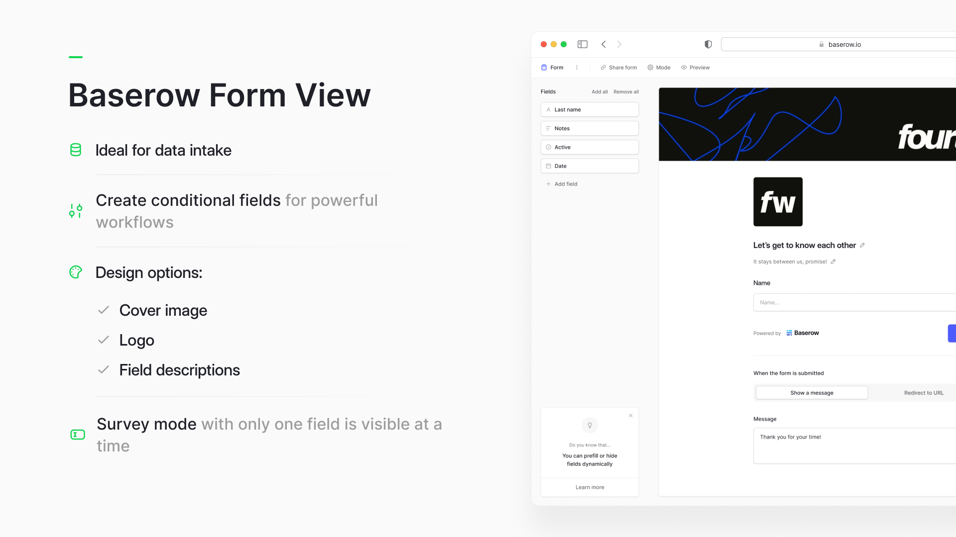 Baserow online form builder connected to a structured database for real-time data collection