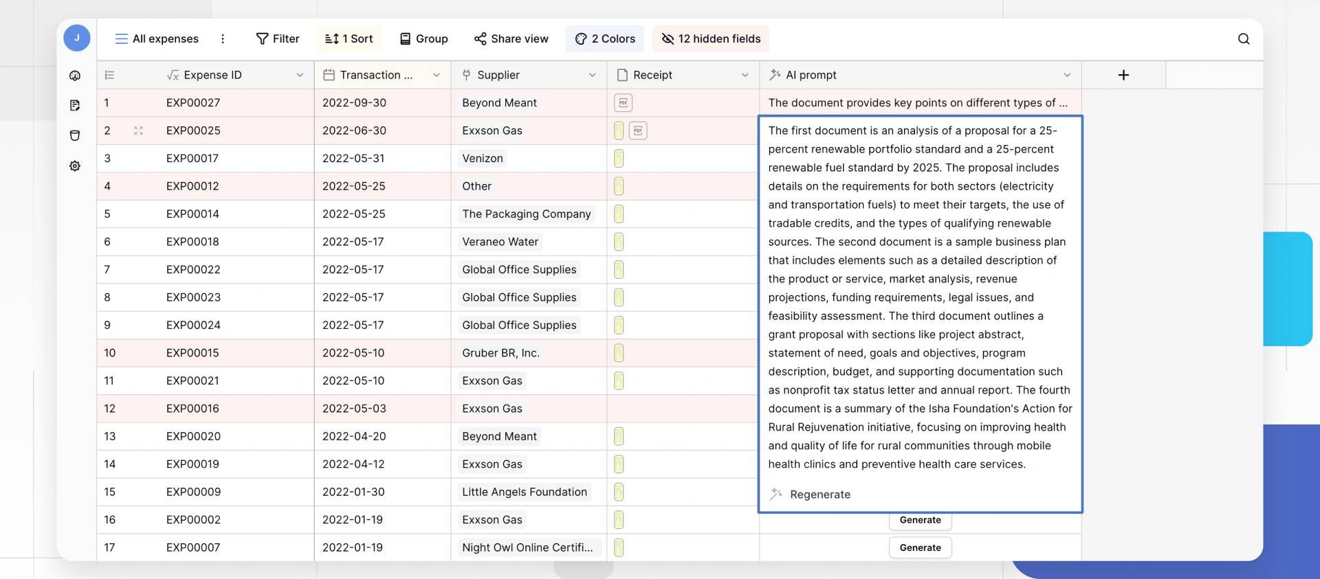 generate results from AI field in Baserow