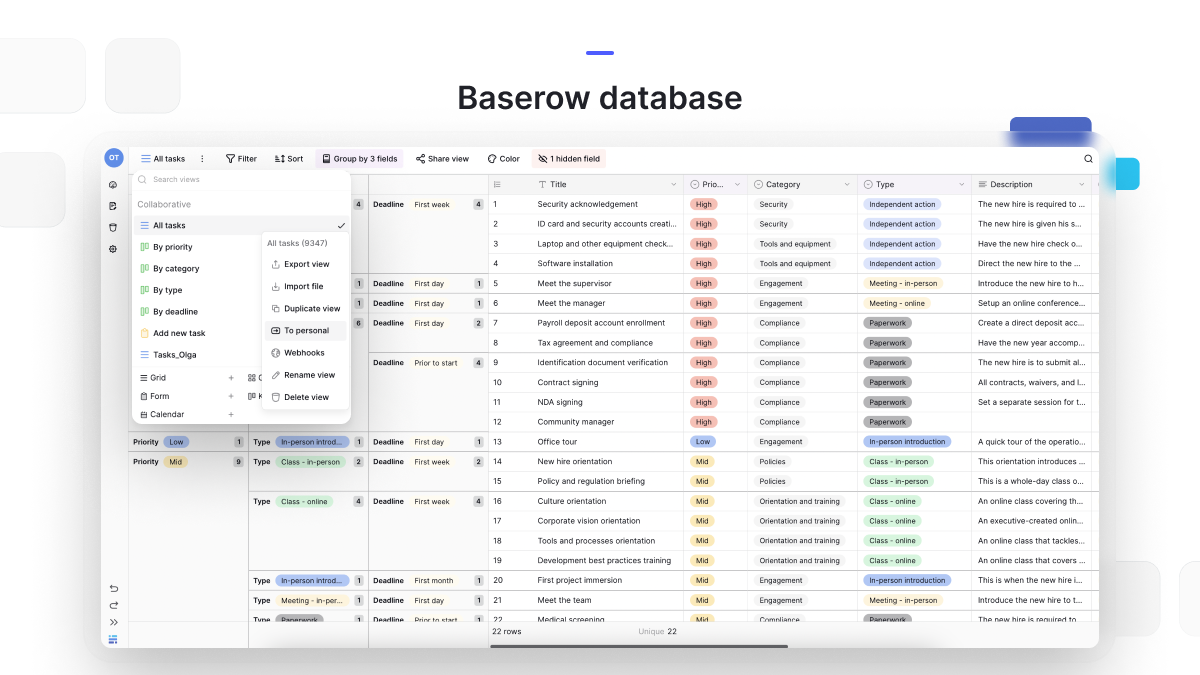 Baserow database interface displaying task management table with color-coded priorities, categories, and real-time collaboration options