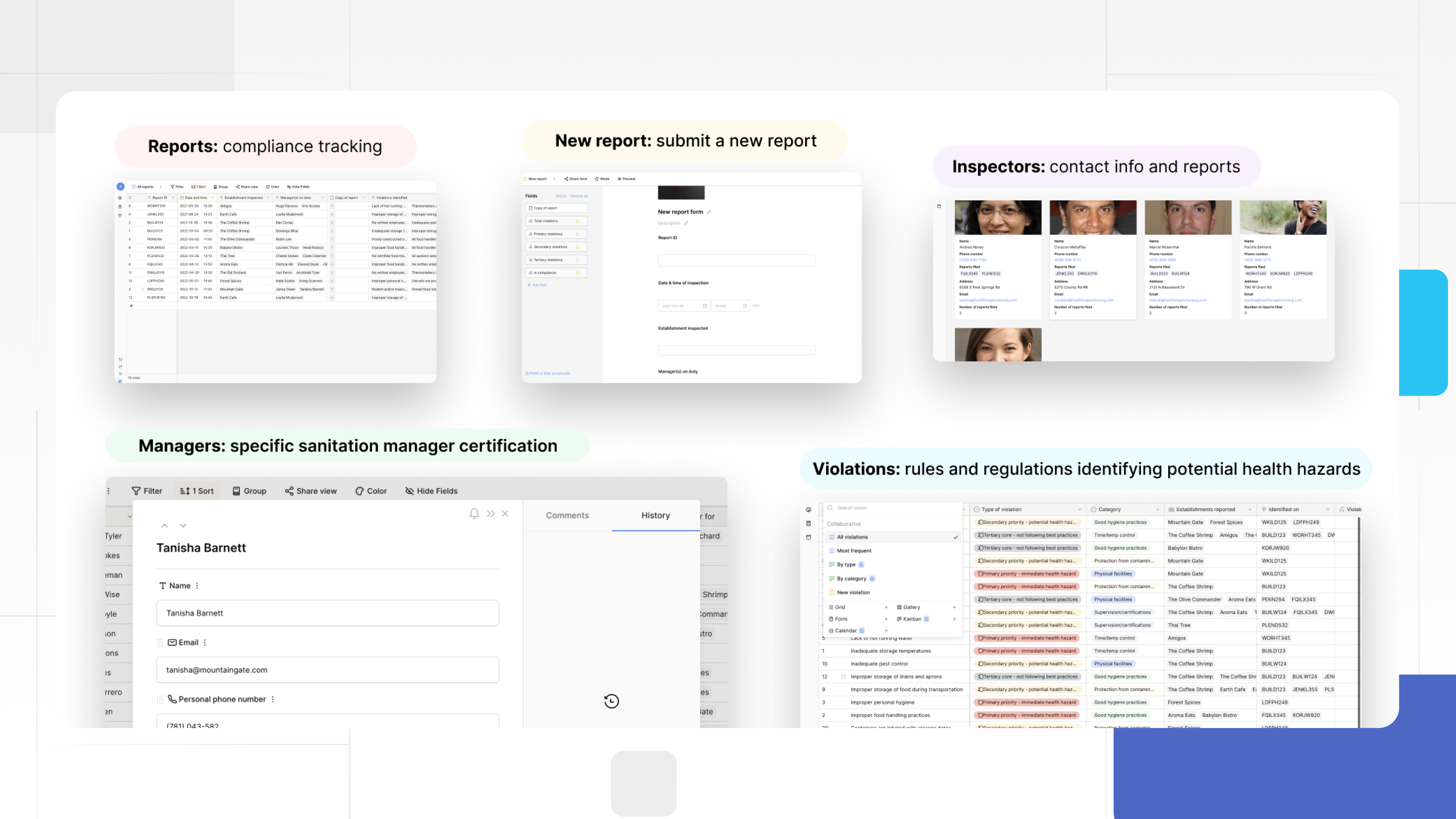 Health inspection database template in Baserow showing compliance tracking, inspector details, report submission forms, and violation logs