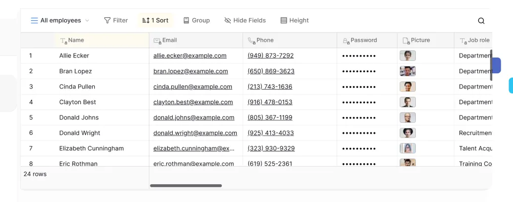 Screenshot of a Gemba Walk employee data table in Baserow, showing fields for name, email, phone, job role, and profile pictures, used for managing shop floor team information