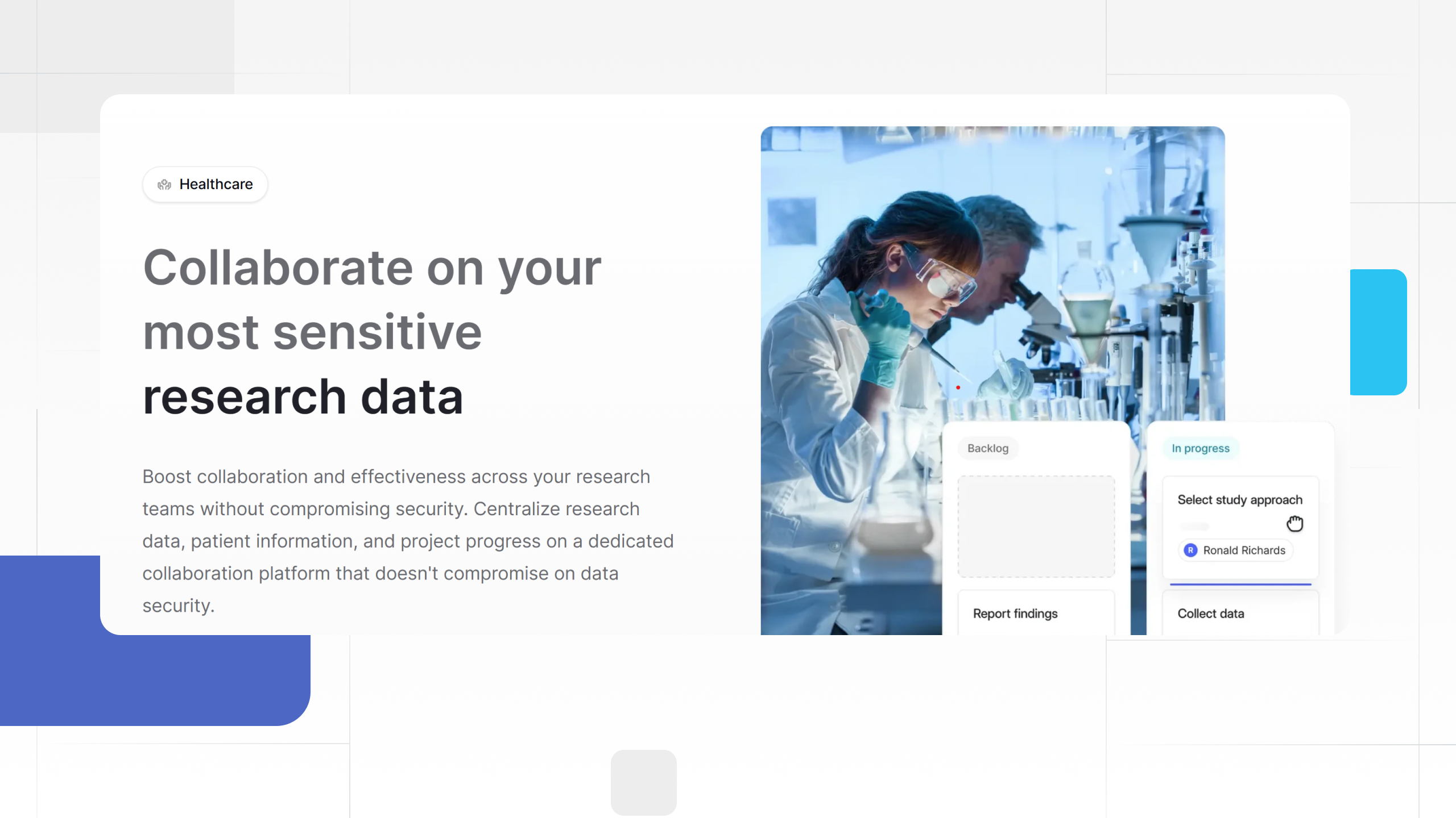A group of scientists and healthcare researchers in a laboratory collaborating on medical research using digital data tools, illustrating secure collaboration and centralized research data management in healthcare.
