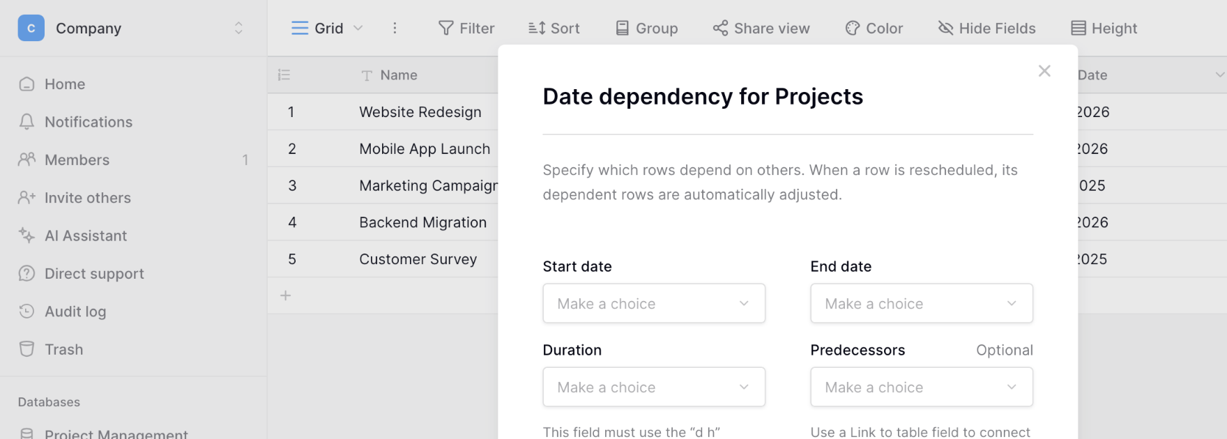 Date dependency in Baserow