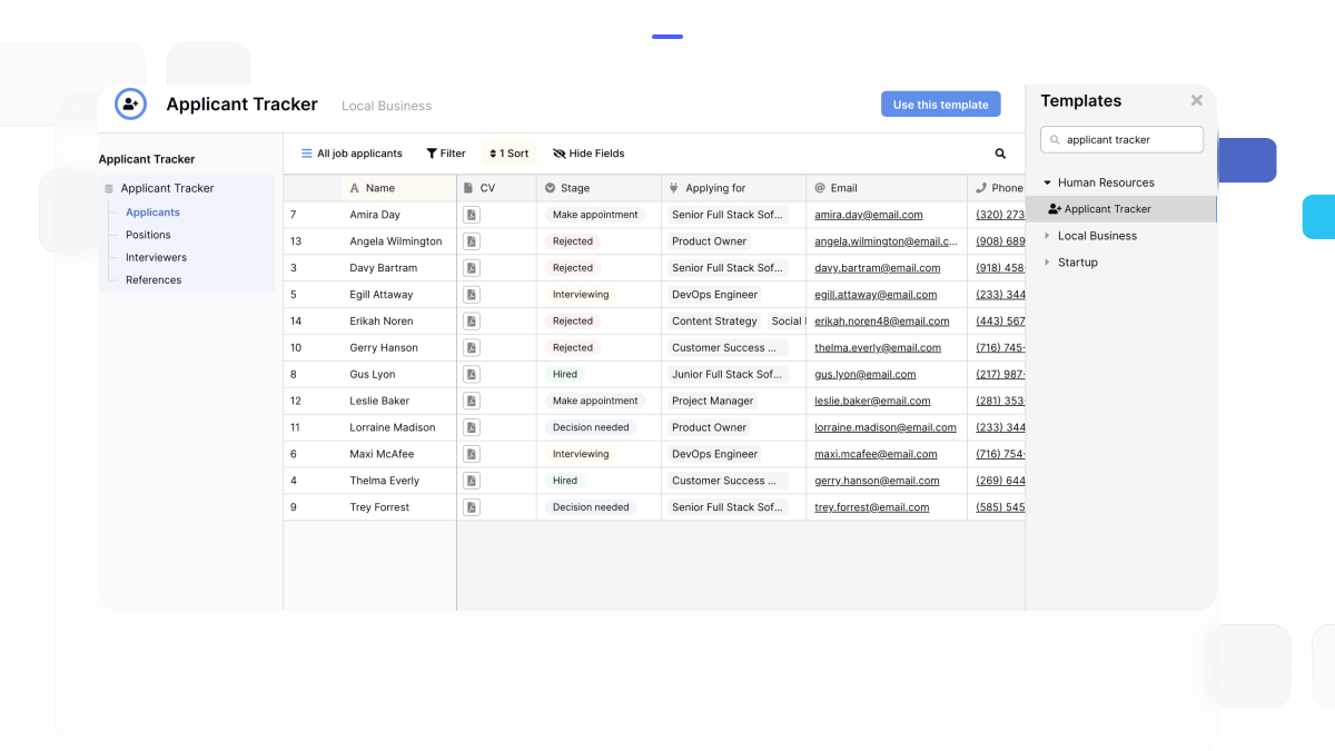 Baserow applicant tracker template showing candidate applications, hiring stages, interview status, and job postings