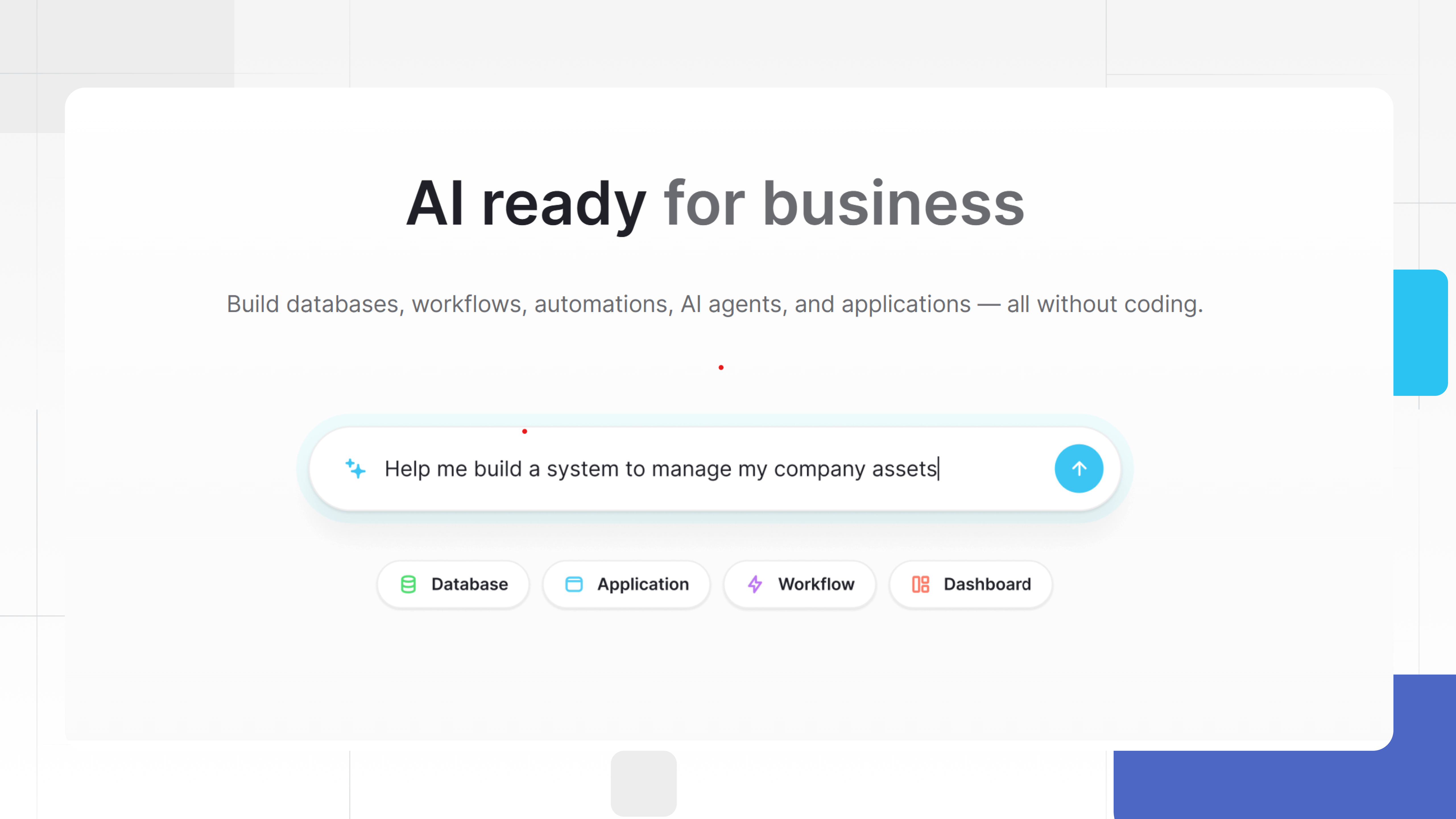 AI-powered business workflow builder interface in Baserow showing a prompt to create a company asset management system with database, application, workflow, and dashboard options.