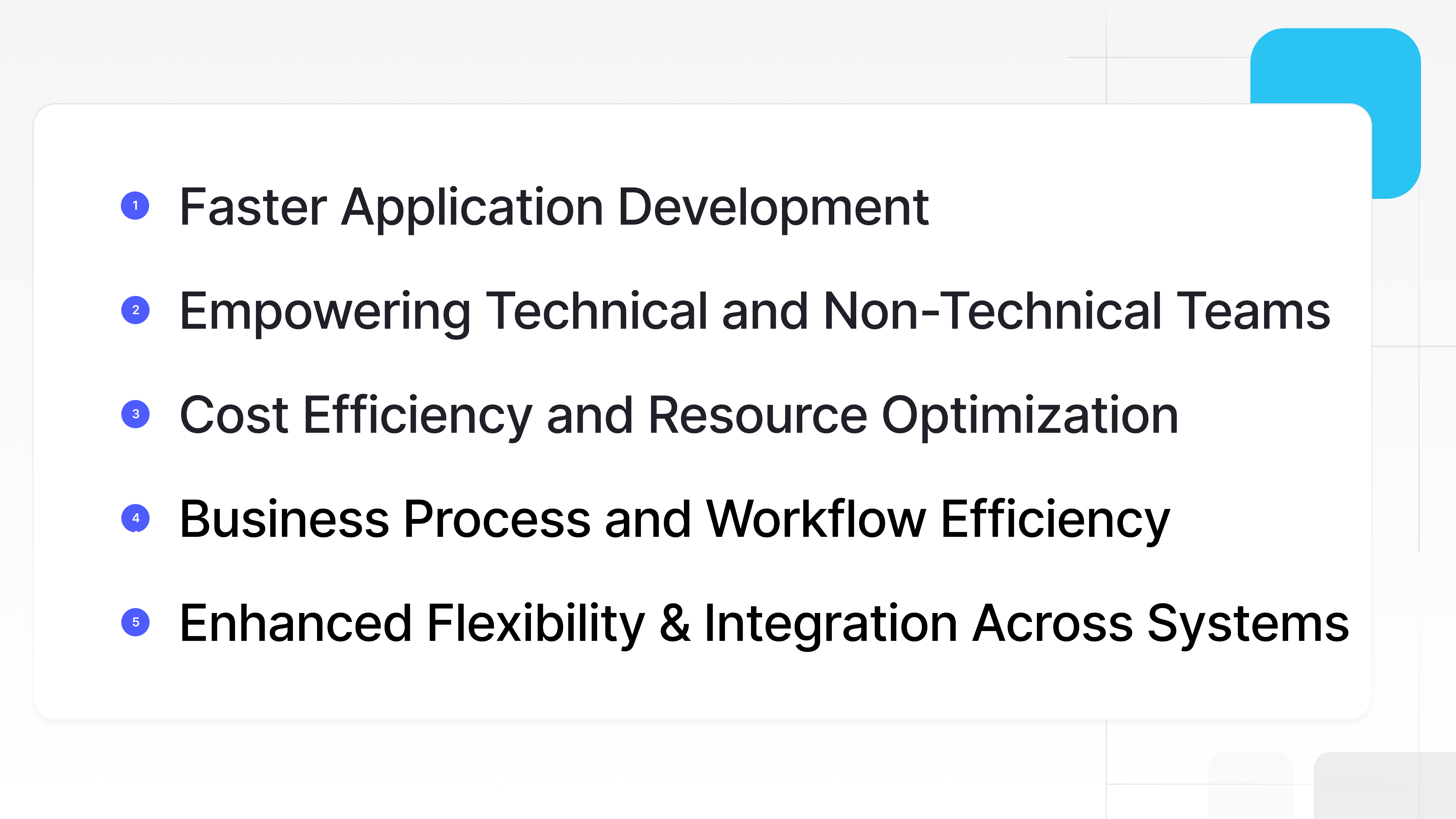 List highlighting benefits of low-code integration platforms, including faster application development, empowering teams, cost efficiency, workflow efficiency, and flexible system integration