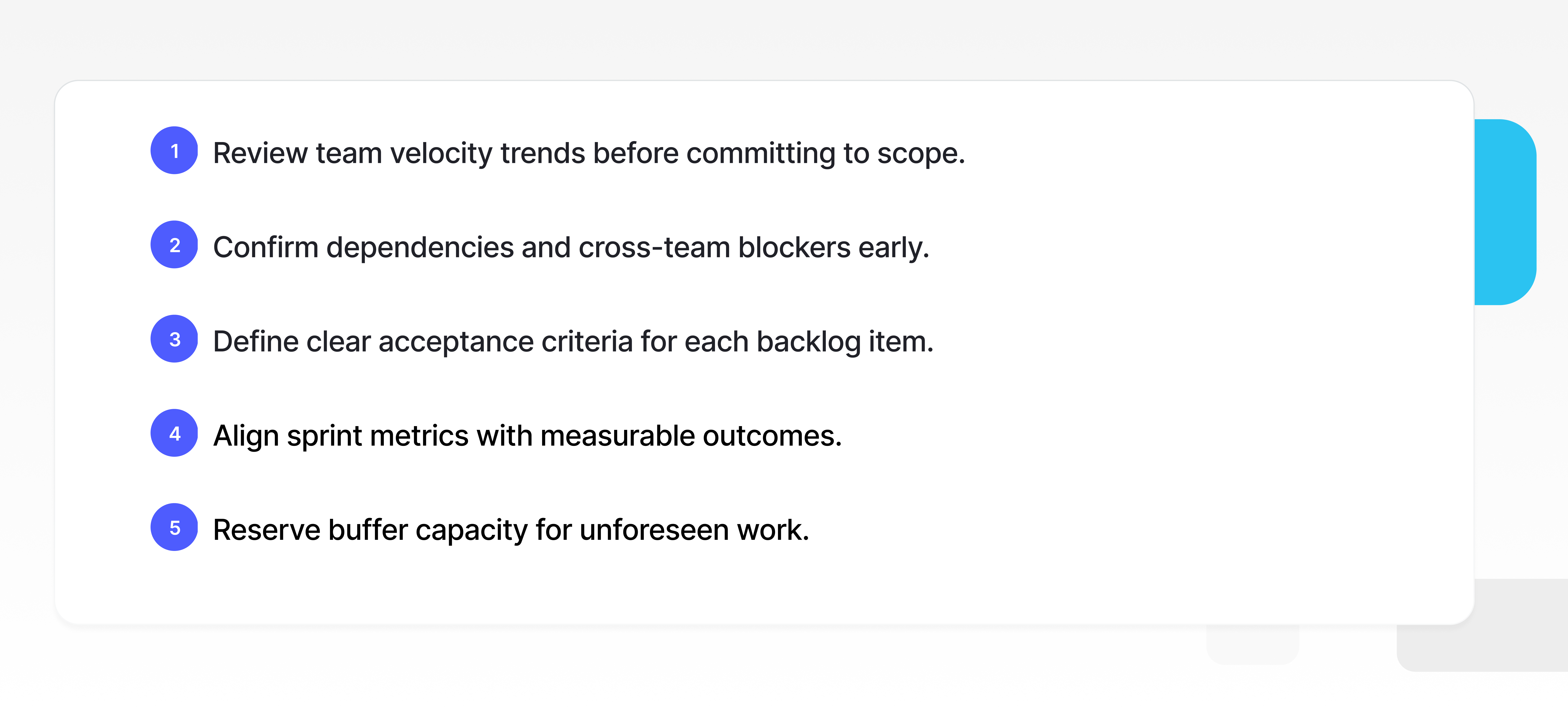 Sprint planning execution checklist with five steps including velocity review, dependency alignment, acceptance criteria, measurable outcomes, and capacity buffer planning