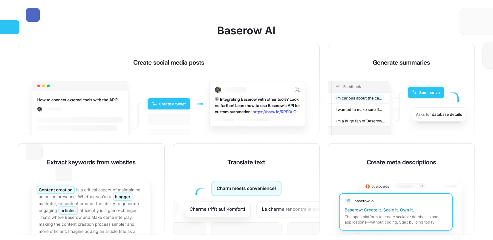 Baserow AI dashboard showing AI-powered workflow features including social media post generation, automated summaries, keyword extraction, text translation, and AI-generated meta descriptions inside a collaborative no-code workspace.