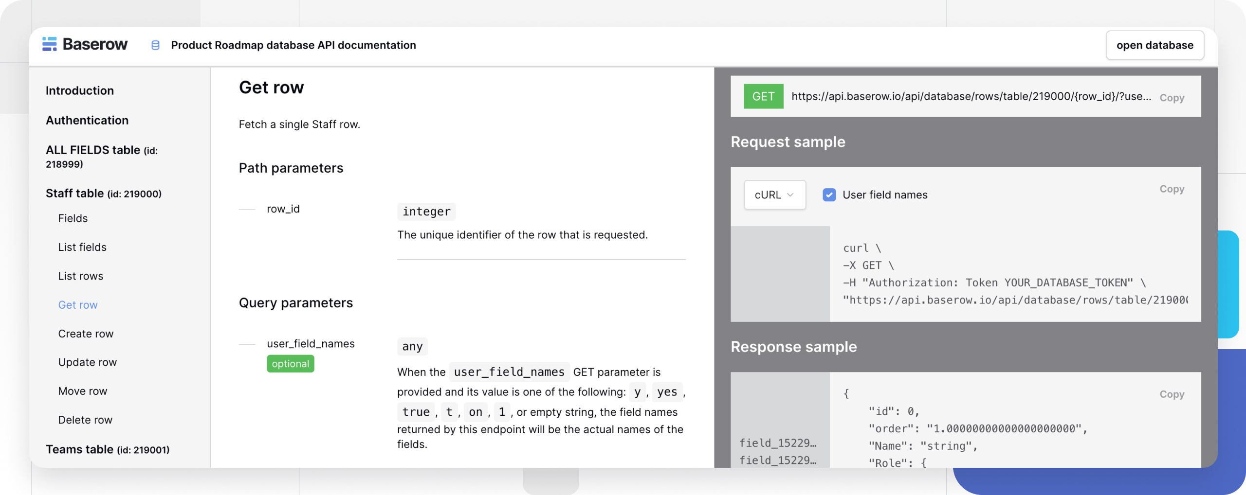 Baserow Database API documentation