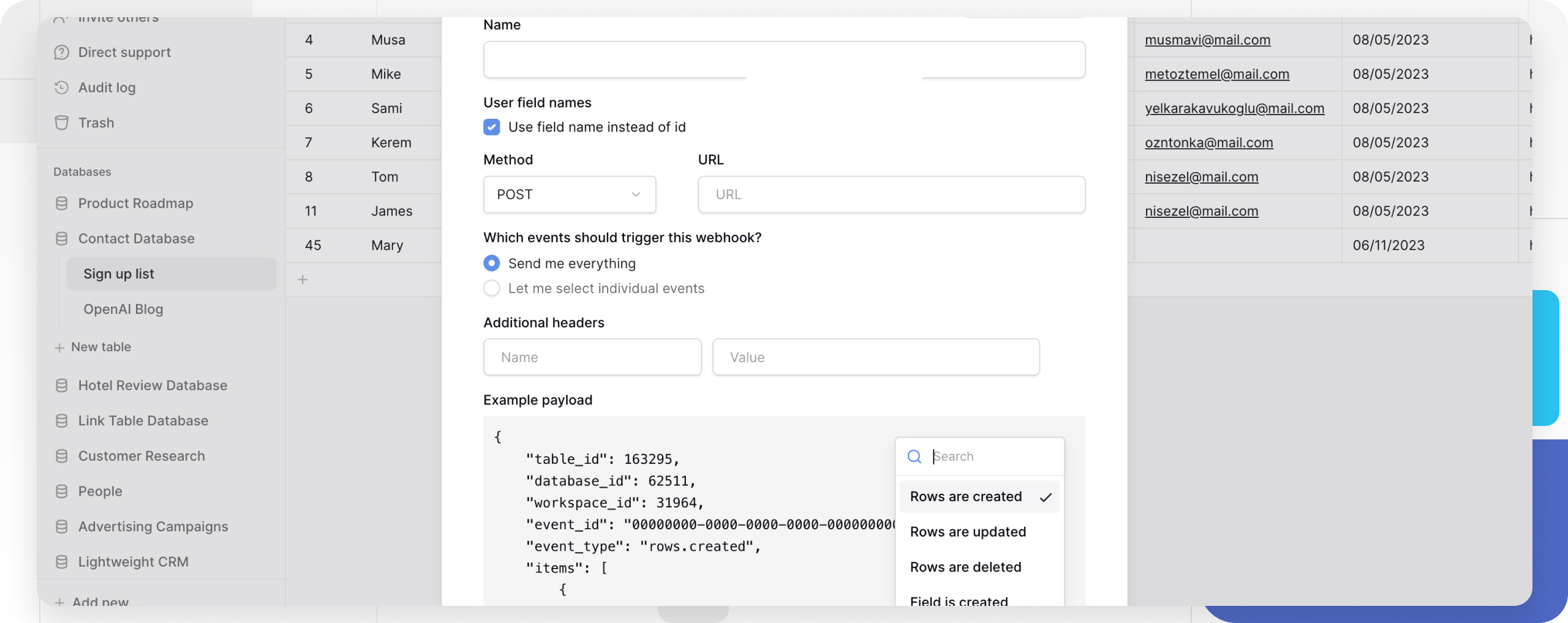 Create a webhook in Baserow