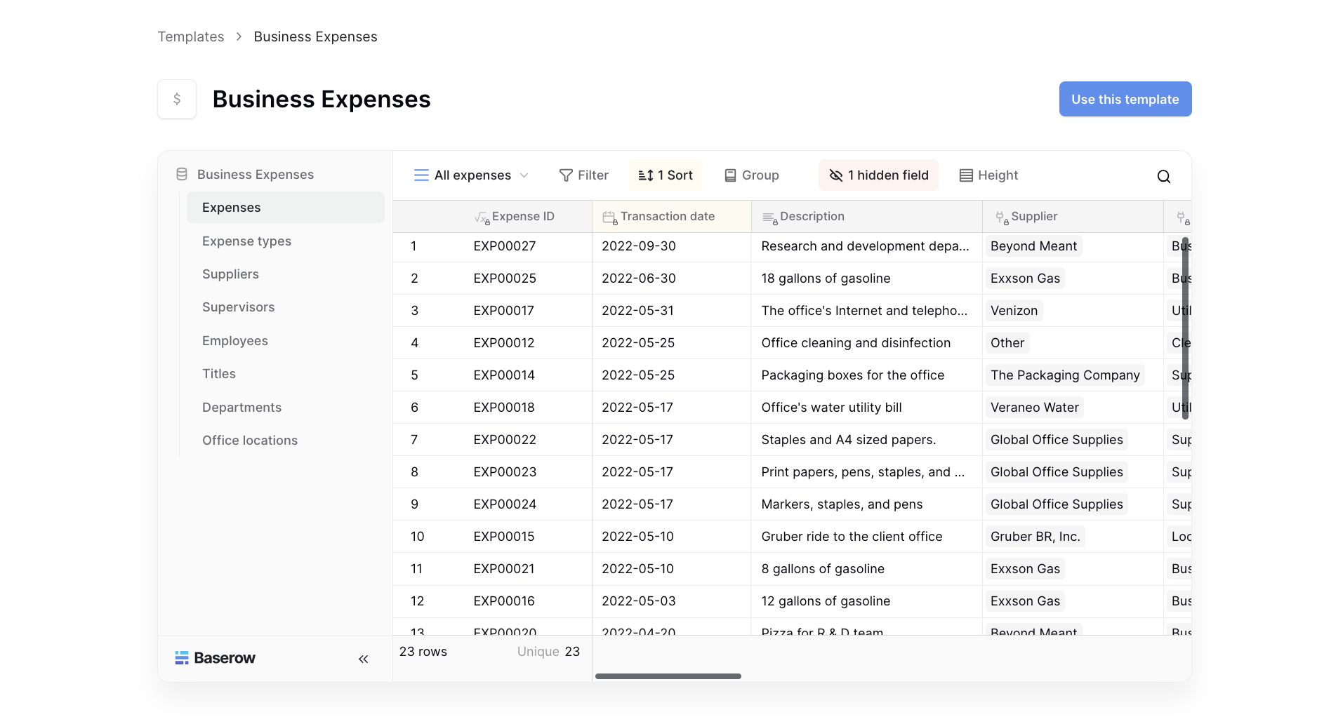Baserow Business Expenses templates