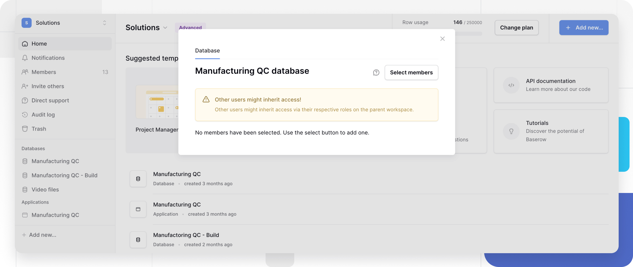 Manage database members option in Baserow