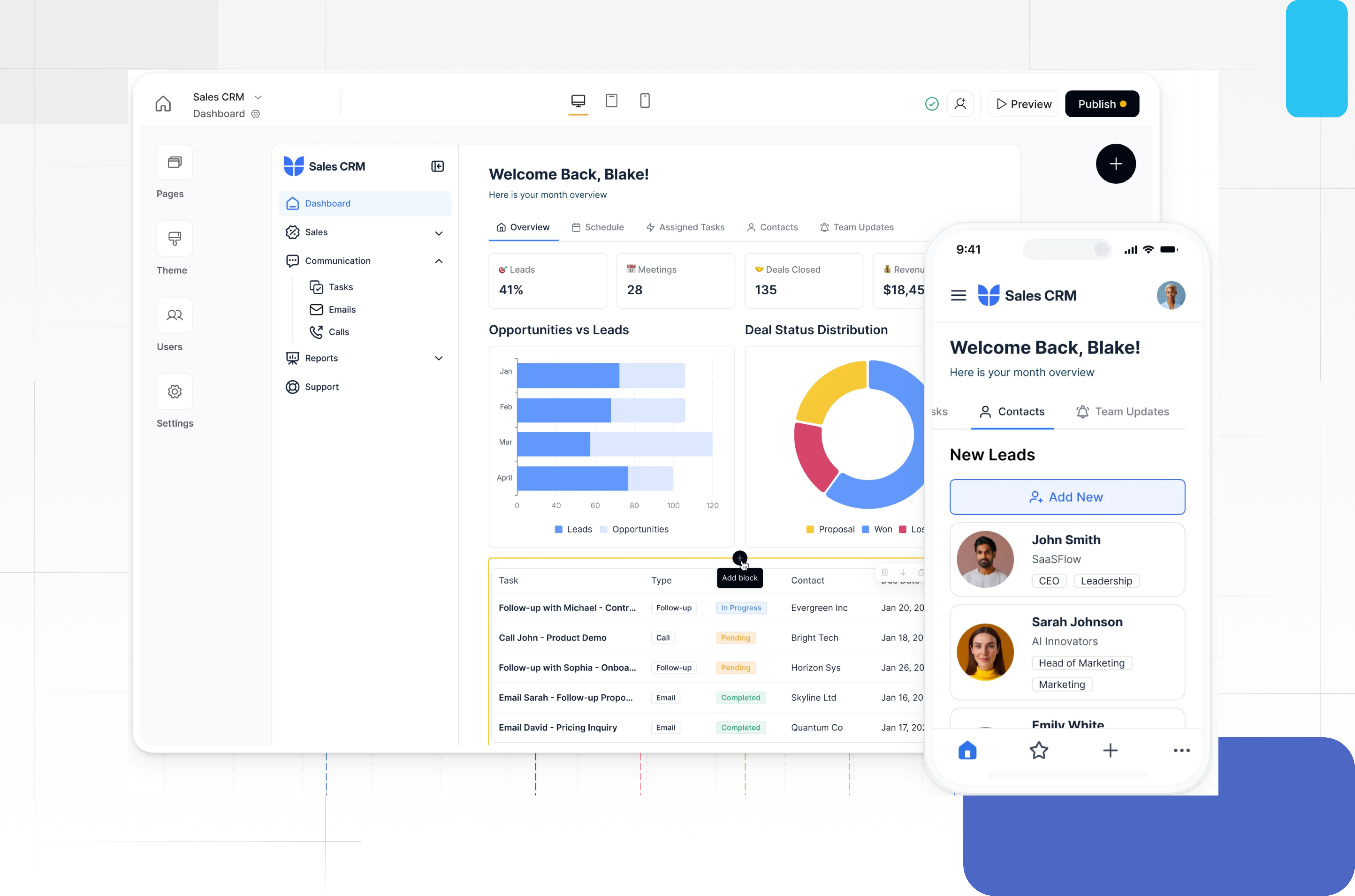 Softr dashboard interface for sales CRM with charts, task management, and mobile app preview for managing leads and client data.