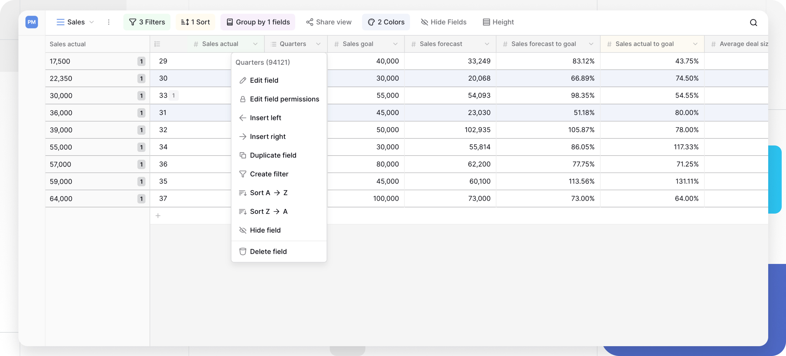 Fields option in Baserow