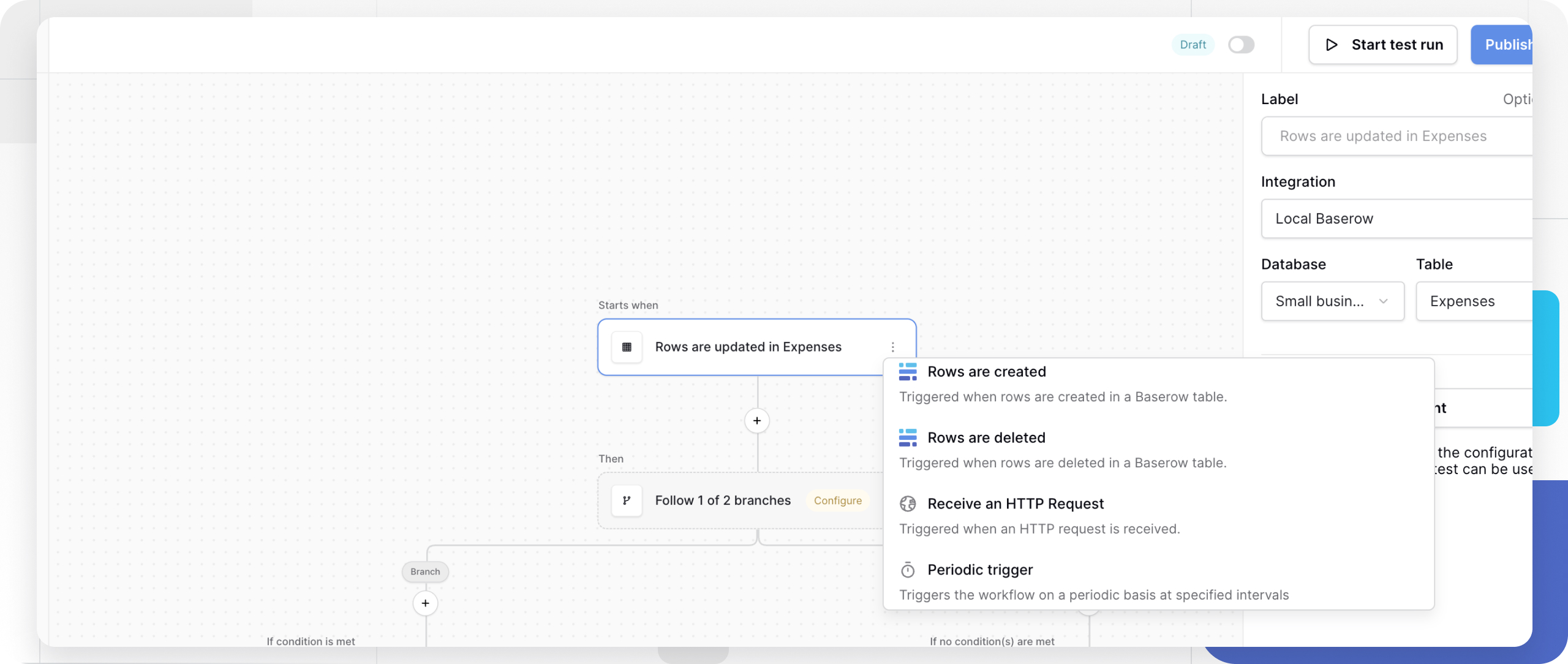 image of Baserow trigger automation