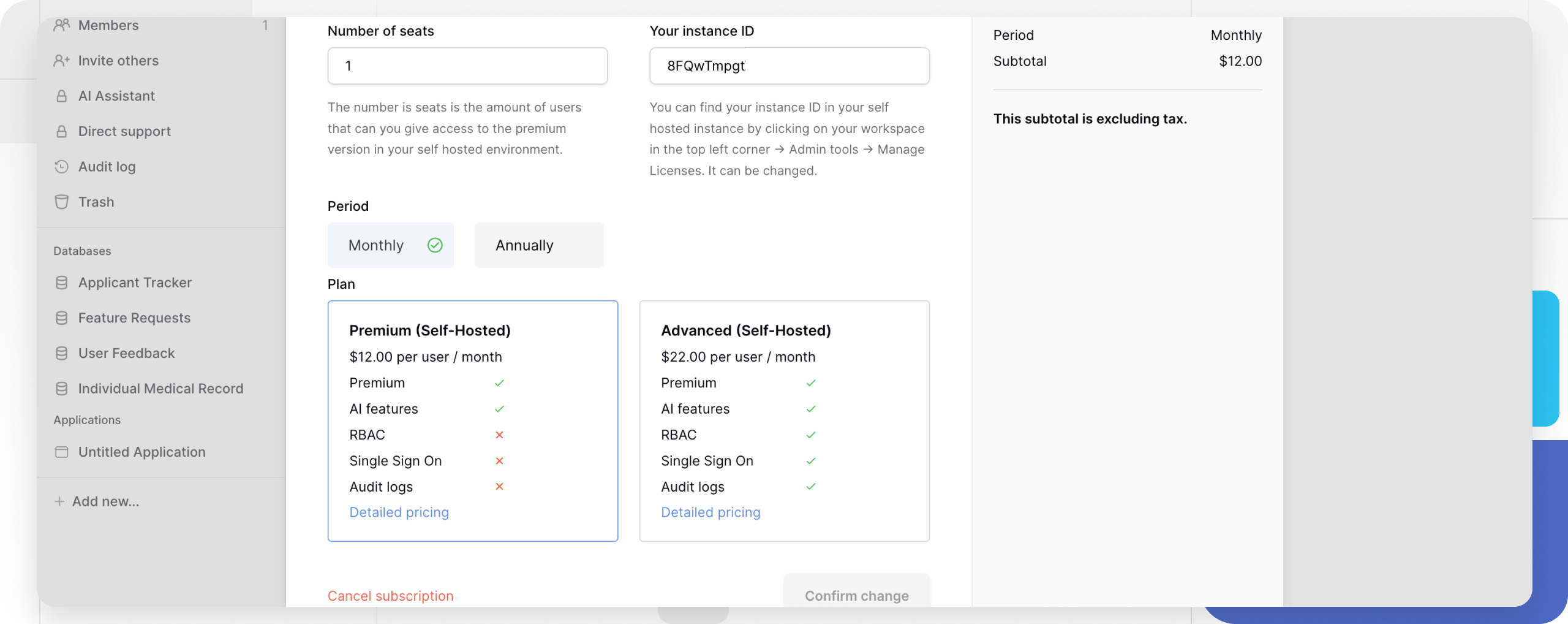 Cancel Baserow subscription interface