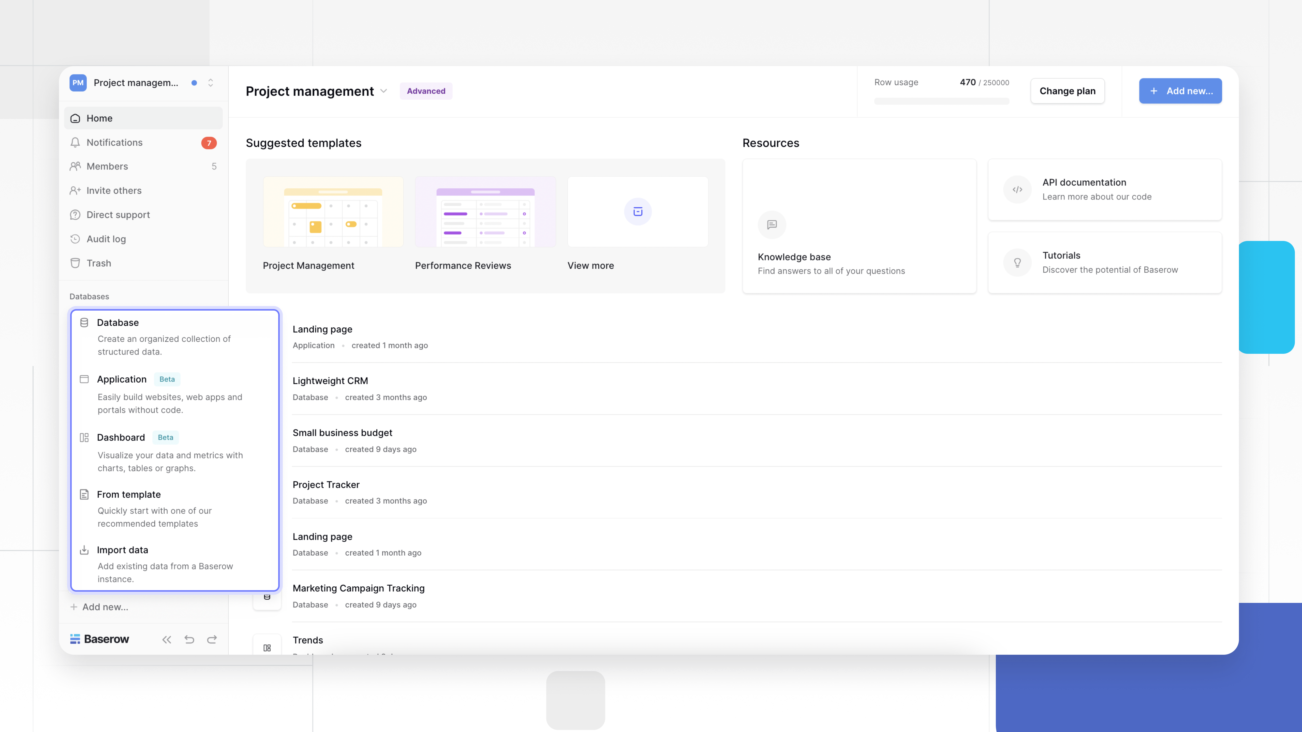 Screenshot of the Baserow project management dashboard interface showing the workspace view. The left sidebar highlights options like “Database,” “Application,” and “Dashboard,” while the main area displays project templates such as Project Management, Performance Reviews, and a list of databases like Landing Page, Lightweight CRM, and Project Tracker.