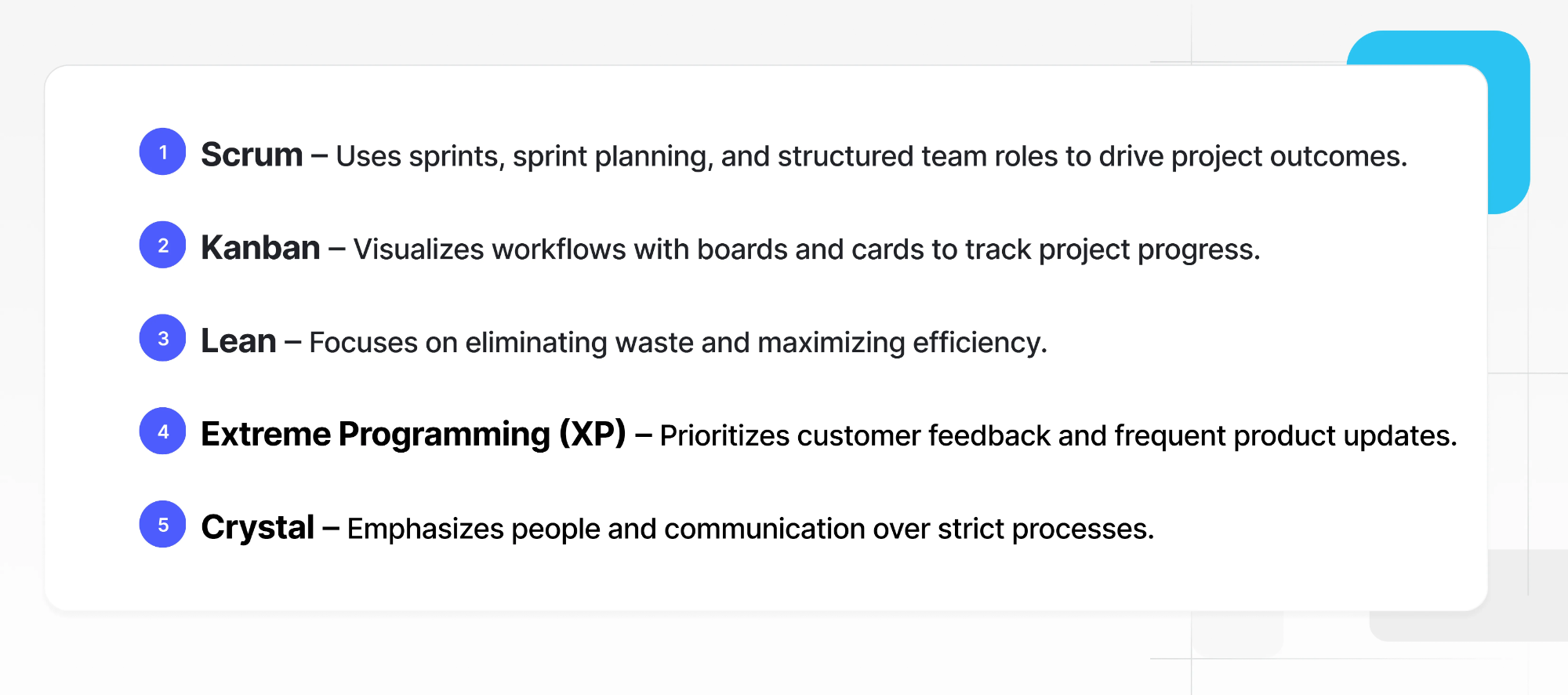 List of five Agile methodologies with short descriptions: Scrum, Kanban, Lean, Extreme Programming (XP), and Crystal.