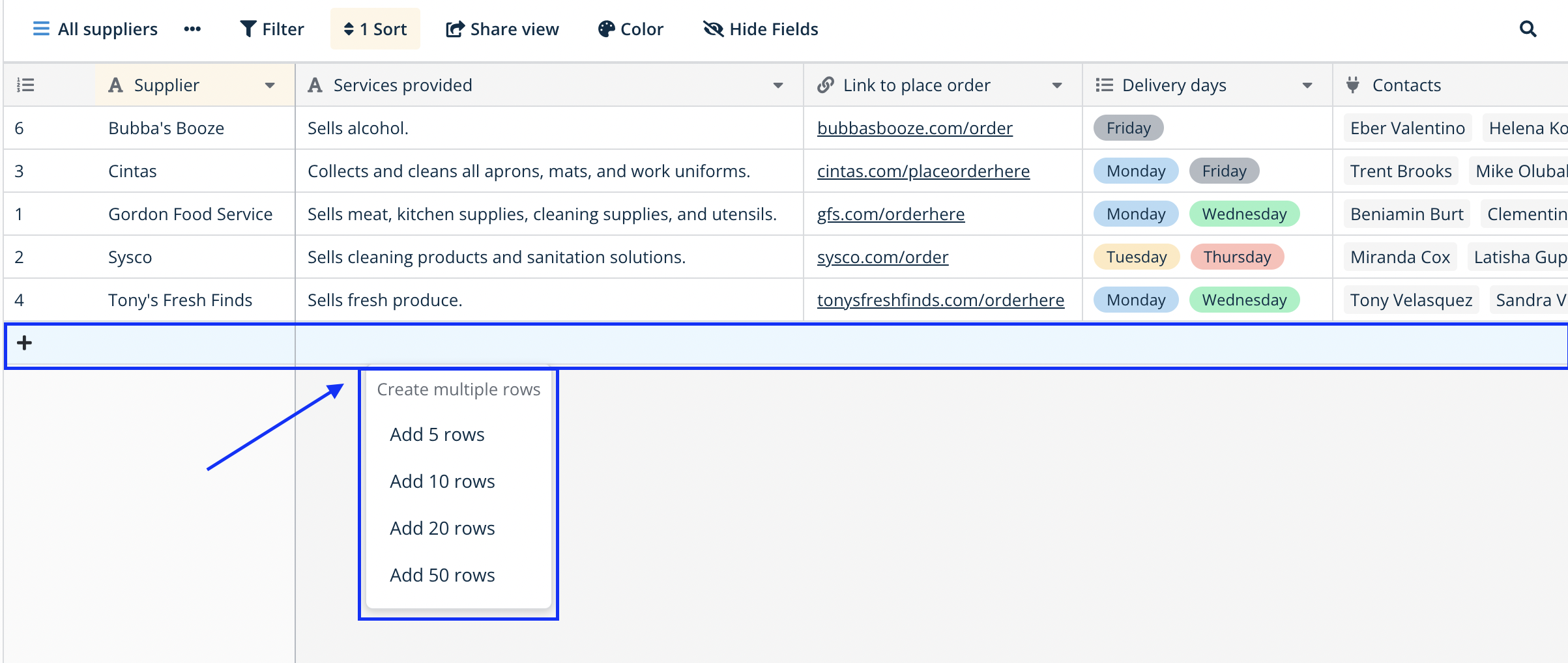 Click on the row number to select the number of rows to create