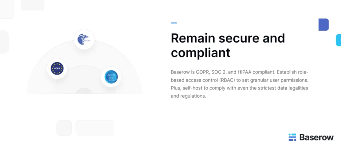 Baserow platform highlighting GDPR, SOC 2, and HIPAA compliance with role-based access control and self-hosting features for regulatory alignment.